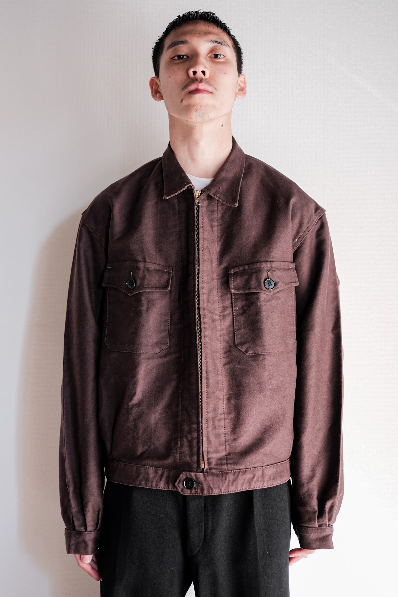 [~ 50's] French Vintage Brown Moleskin Cyclist Jacket Size.52 "LE BEAU-FORT"