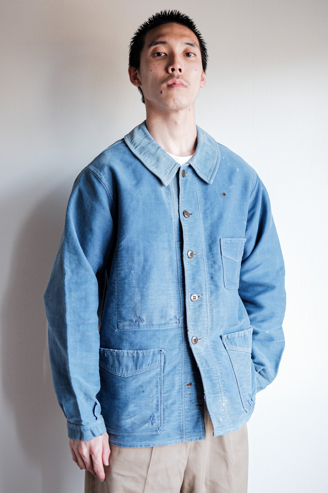 【~40's】French Vintage Blue Moleskin Work Jacket "Le Mont St. Michel"