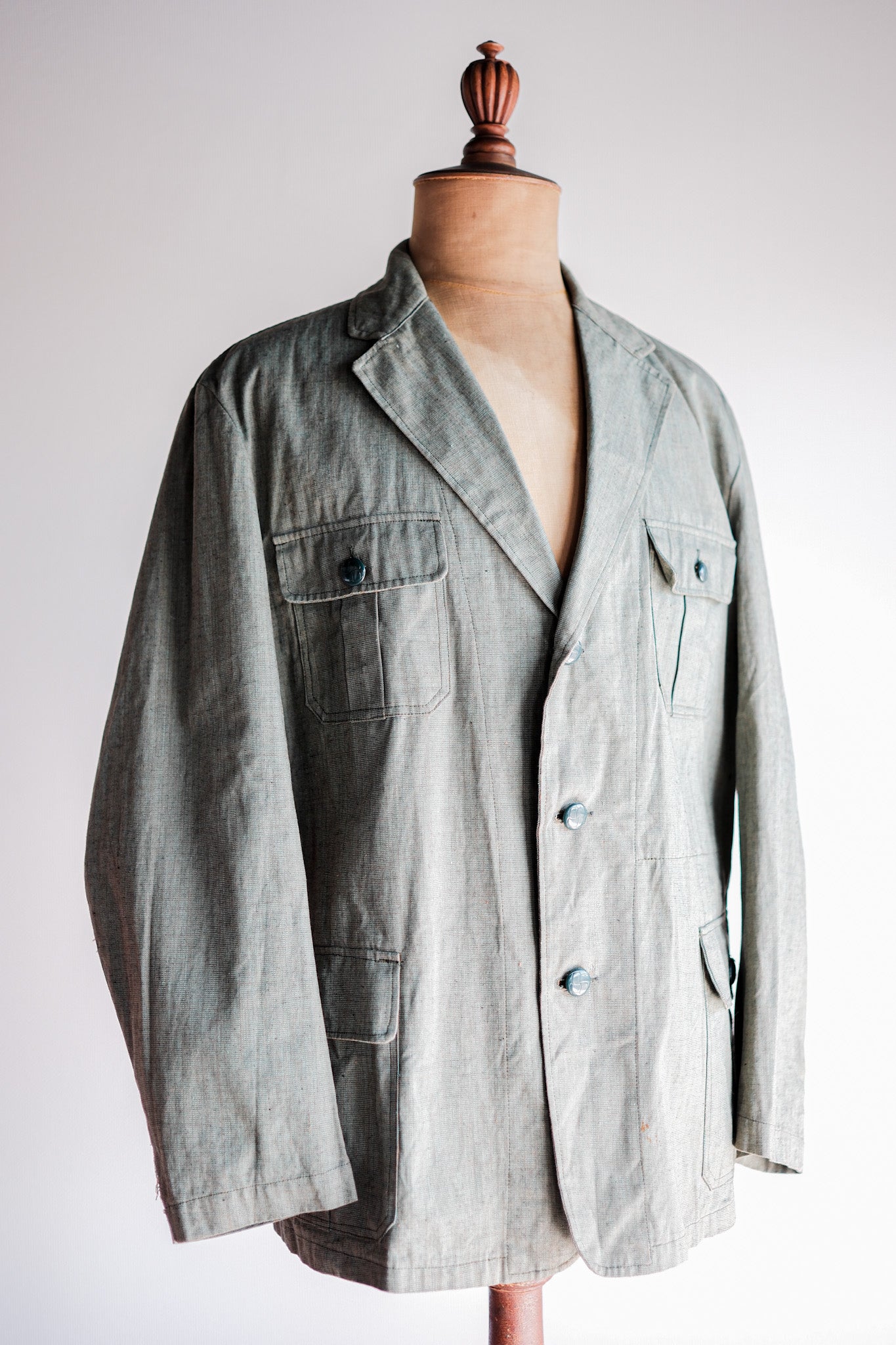 ［~40's］German Vintage Green Chambray 4 Pockets Lapel Work Jacket “Dead Stock”