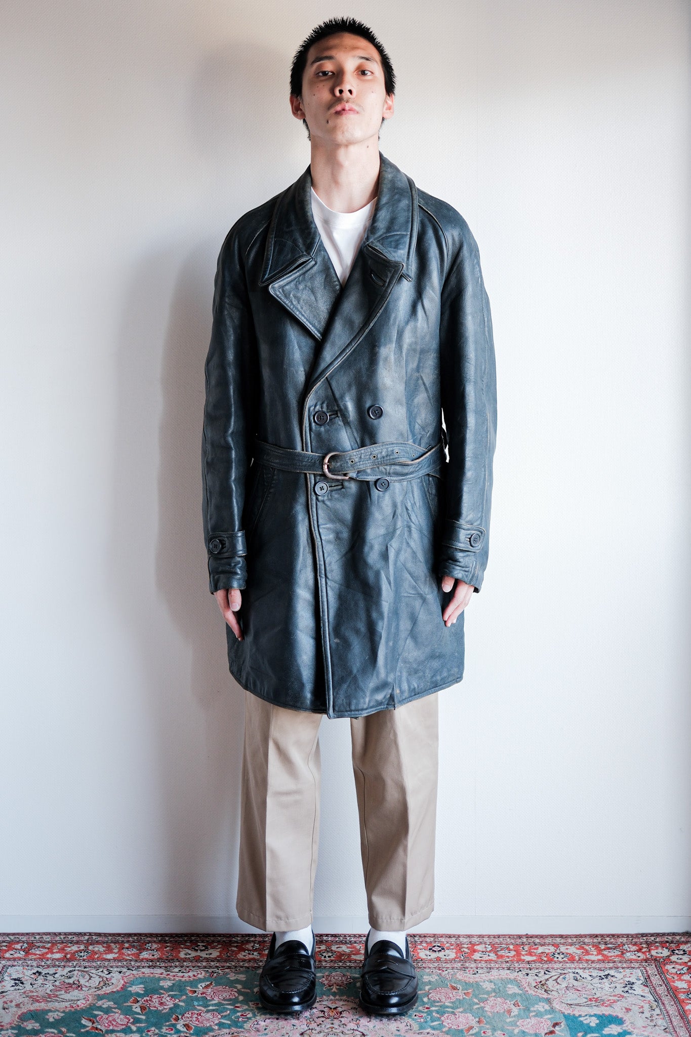 ［~50's］French Vintage Double Breasted Leather Work Coat With Chin Strap