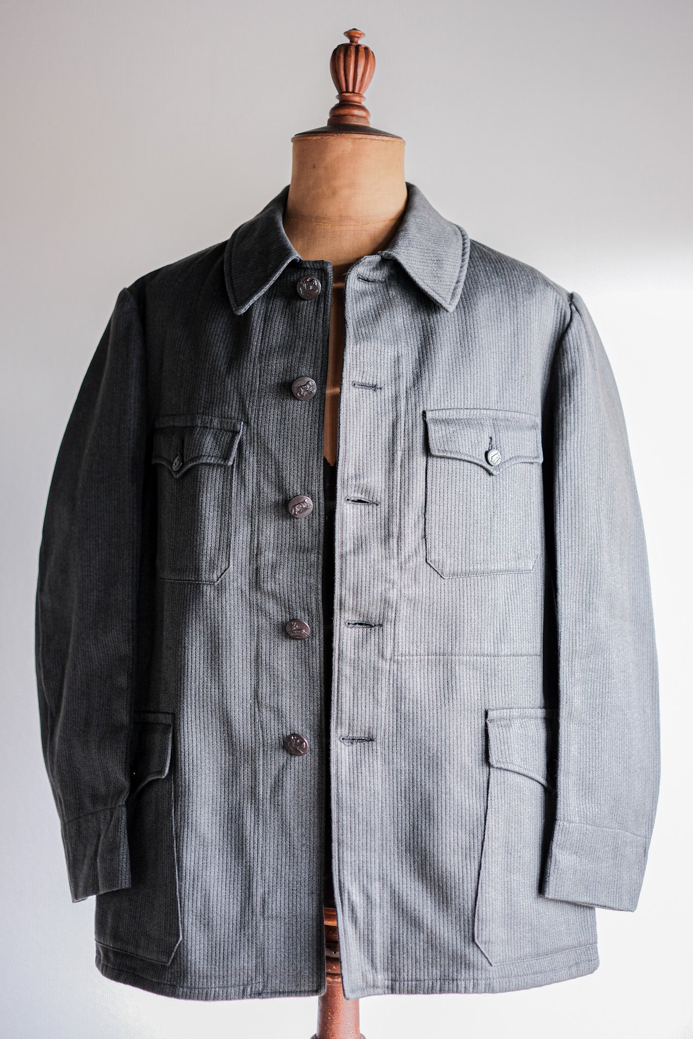 【~50's】French Vintage Gray Cotton Pique Hunting Jacket With Chin Strap "Dead Stock"