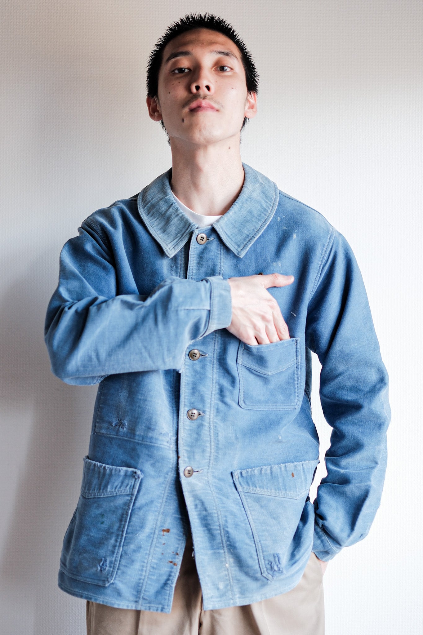 [~ 40's] French Vintage Blue Moleskin Work Jacket "Le Mont St. Michel"