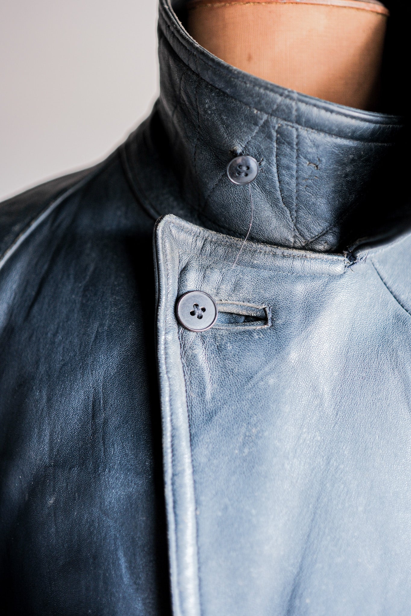 ［~50's］French Vintage Double Breasted Leather Work Coat With Chin Strap