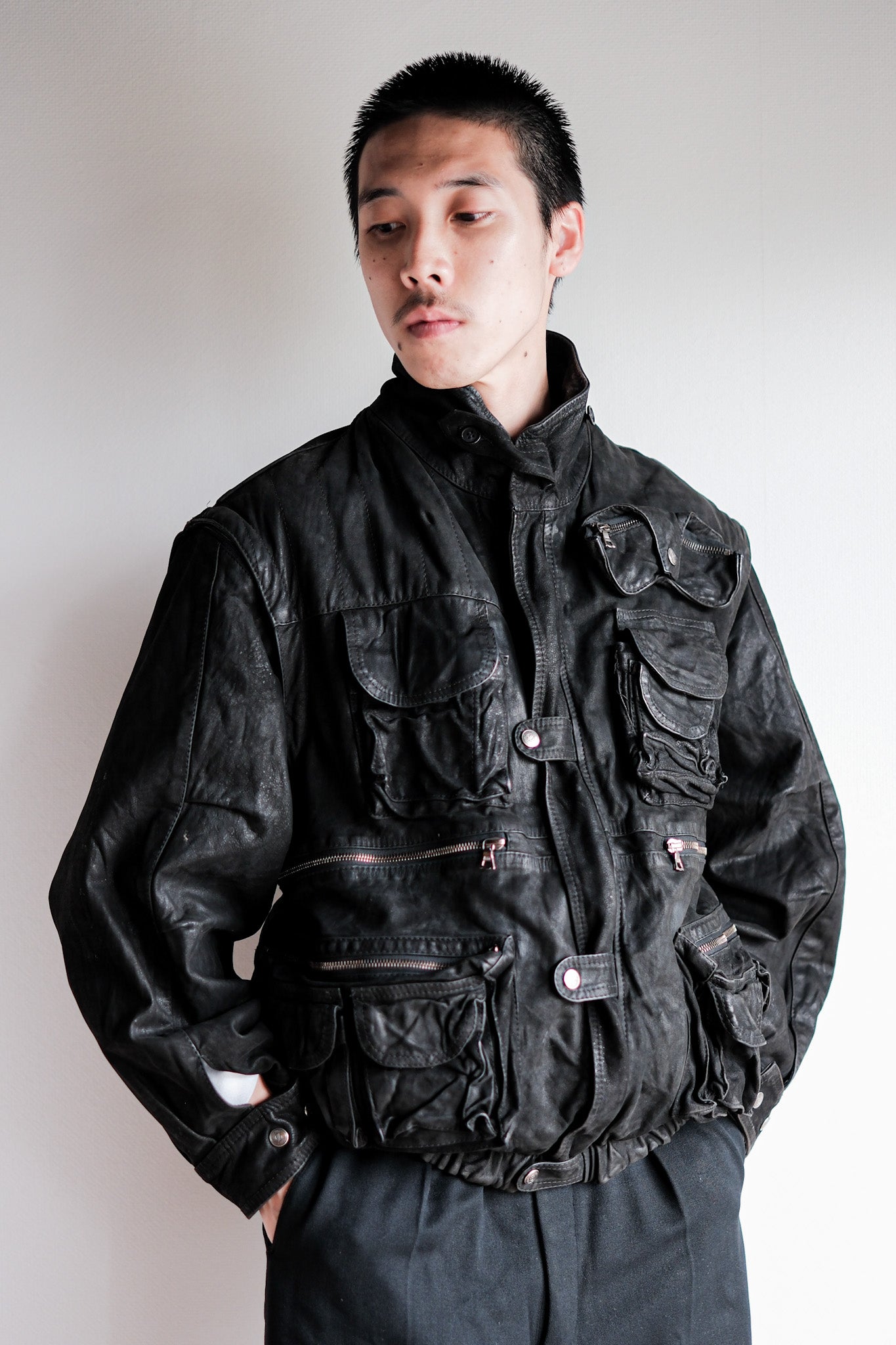 ［~90's］Old Renoma Paris Black Leather Detachable Sleeve Multi Pocket Jacket Size.M
