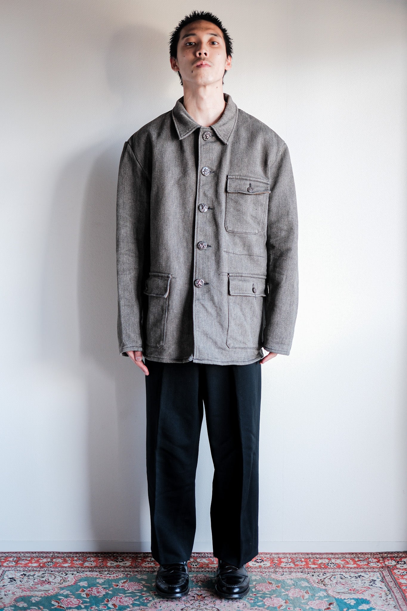 ［~60's］French Vintage Brown Gray Salt & Pepper Cotton Pique Hunting Jacket "Le Mont St. Michel"