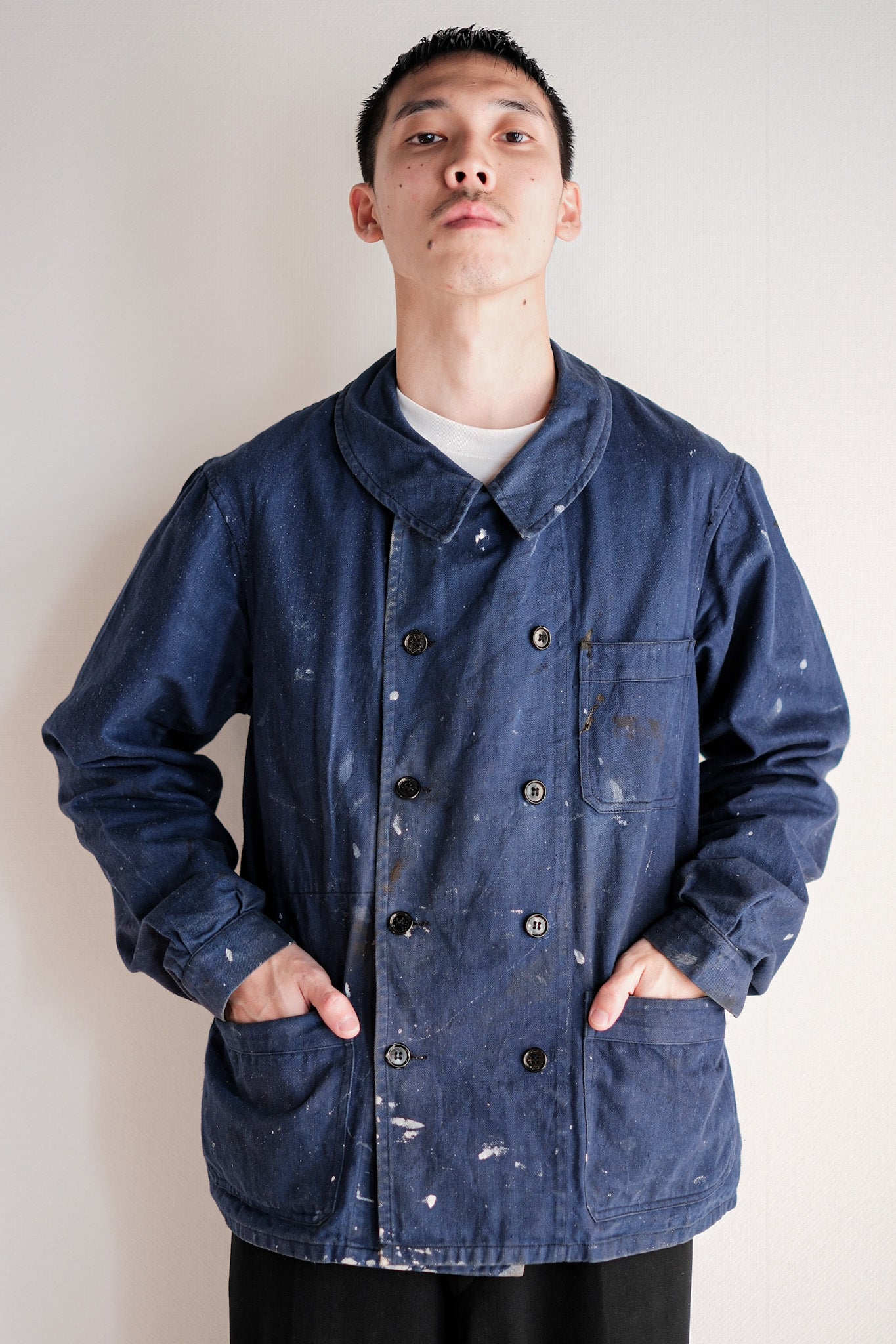 ［~50's］French Vintage Double Breasted Indigo Cotton Twill Work Jacket "Crazy Paint"
