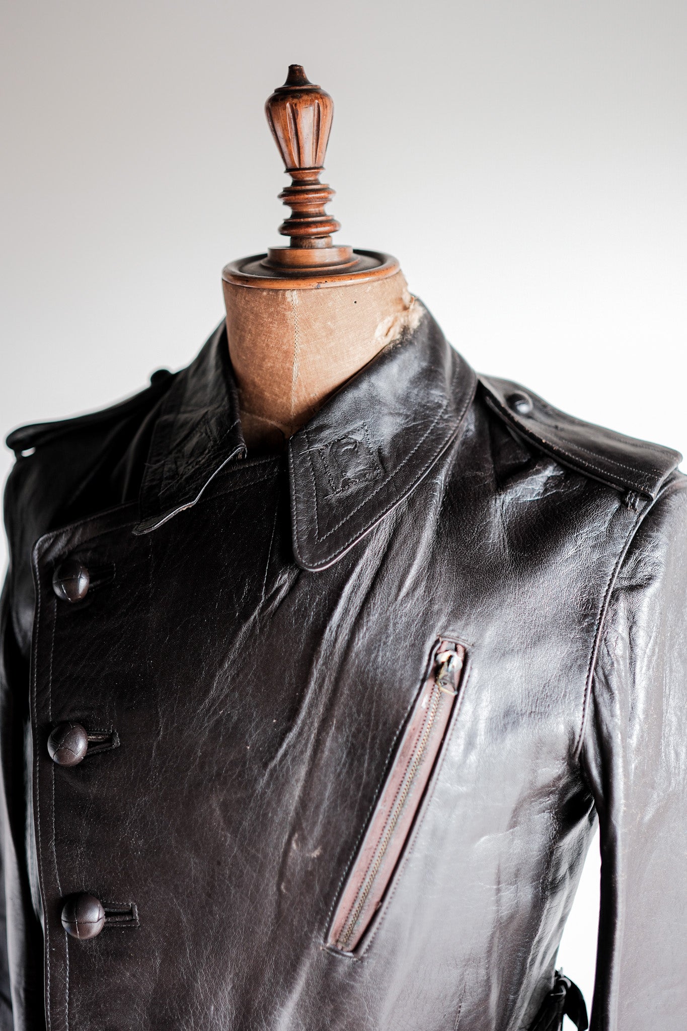 [~ 40's] French Vintage Motorcycle Leather Veste Taille.4 "MORT STOCK"