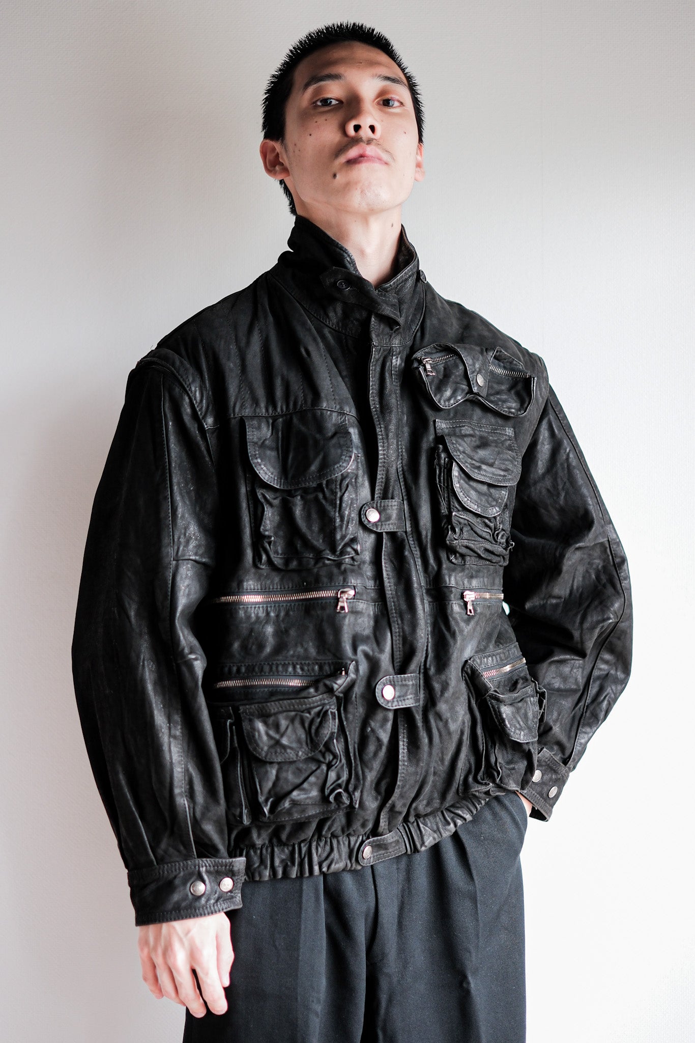 ［~90's］Old Renoma Paris Black Leather Detachable Sleeve Multi Pocket Jacket Size.M