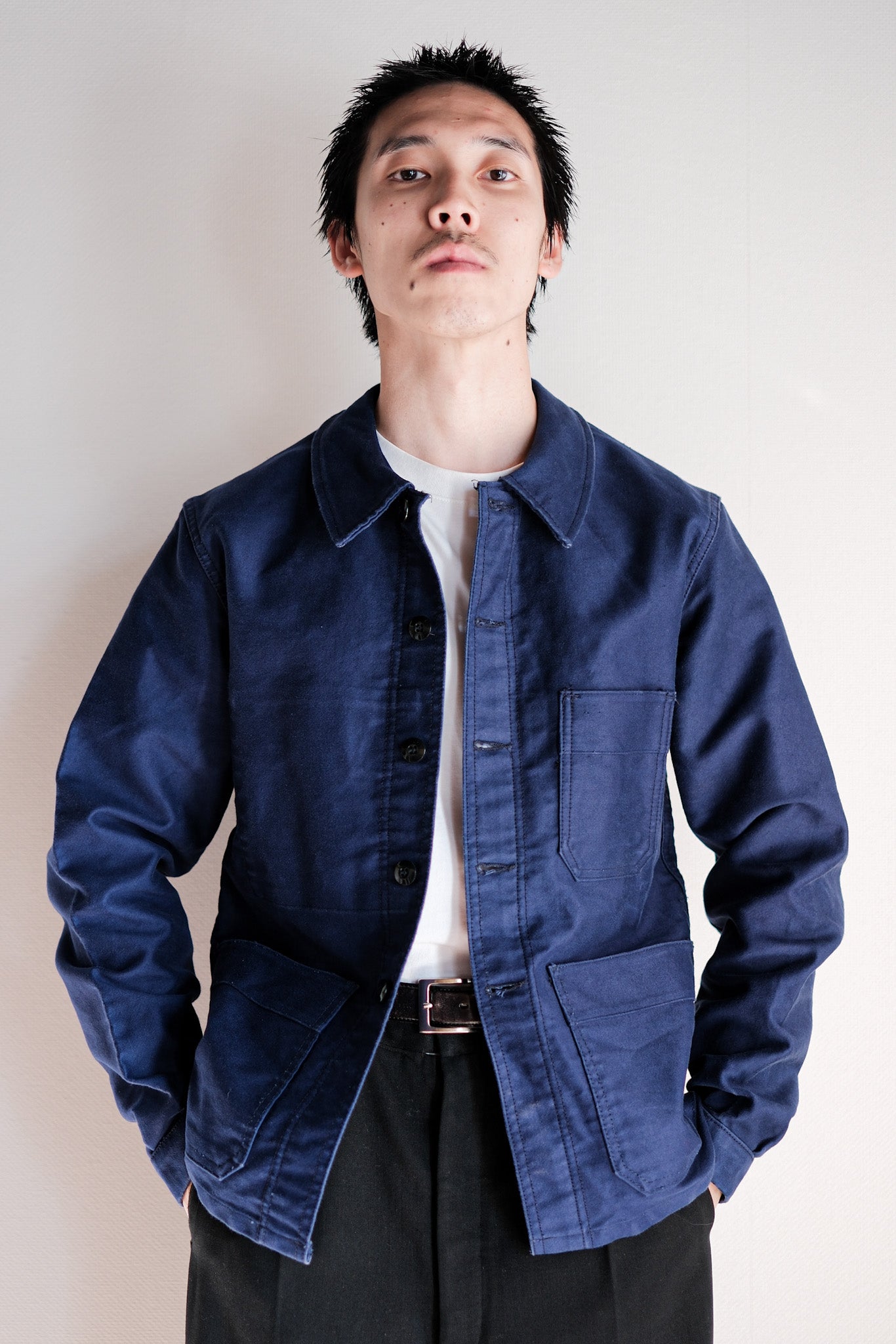 【~70's】French Vintage Blue Moleskin Work Jacket Size.40 "Le Mont St. Michel"