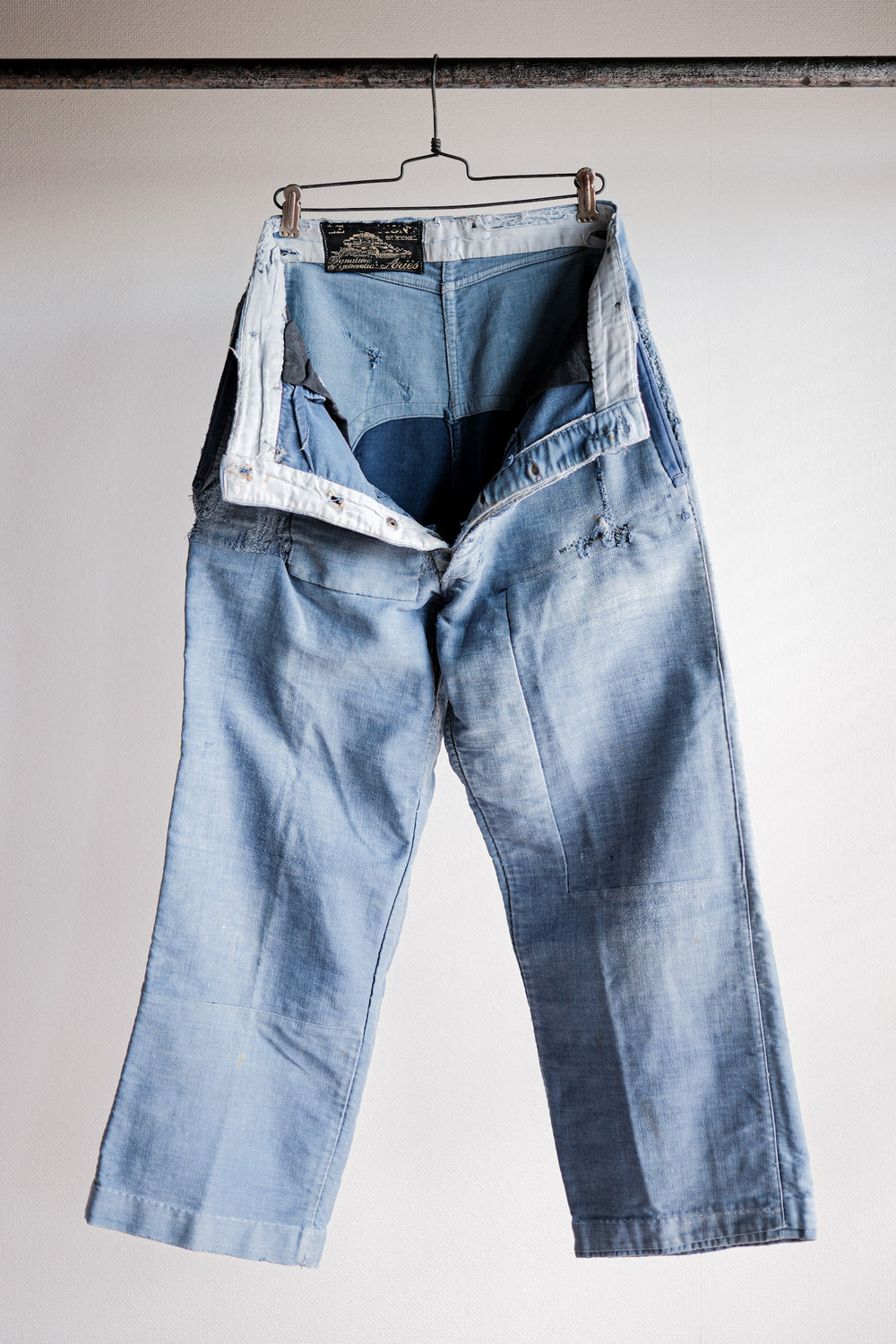 ［~40's］French Vintage Blue Moleskin Work Pants "Patchwork" "Le Mont St. Michel"