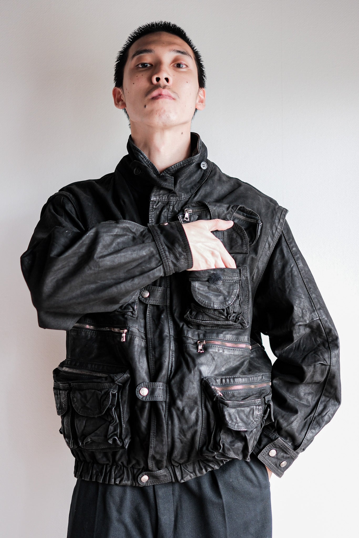 ［~90's］Old Renoma Paris Black Leather Detachable Sleeve Multi Pocket Jacket Size.M