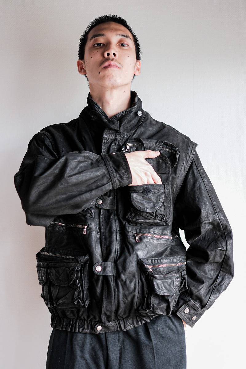 [~90's] Old Renoma Paris Black Leather Detachable Sleeve Multi Pocket Jacket Size.M