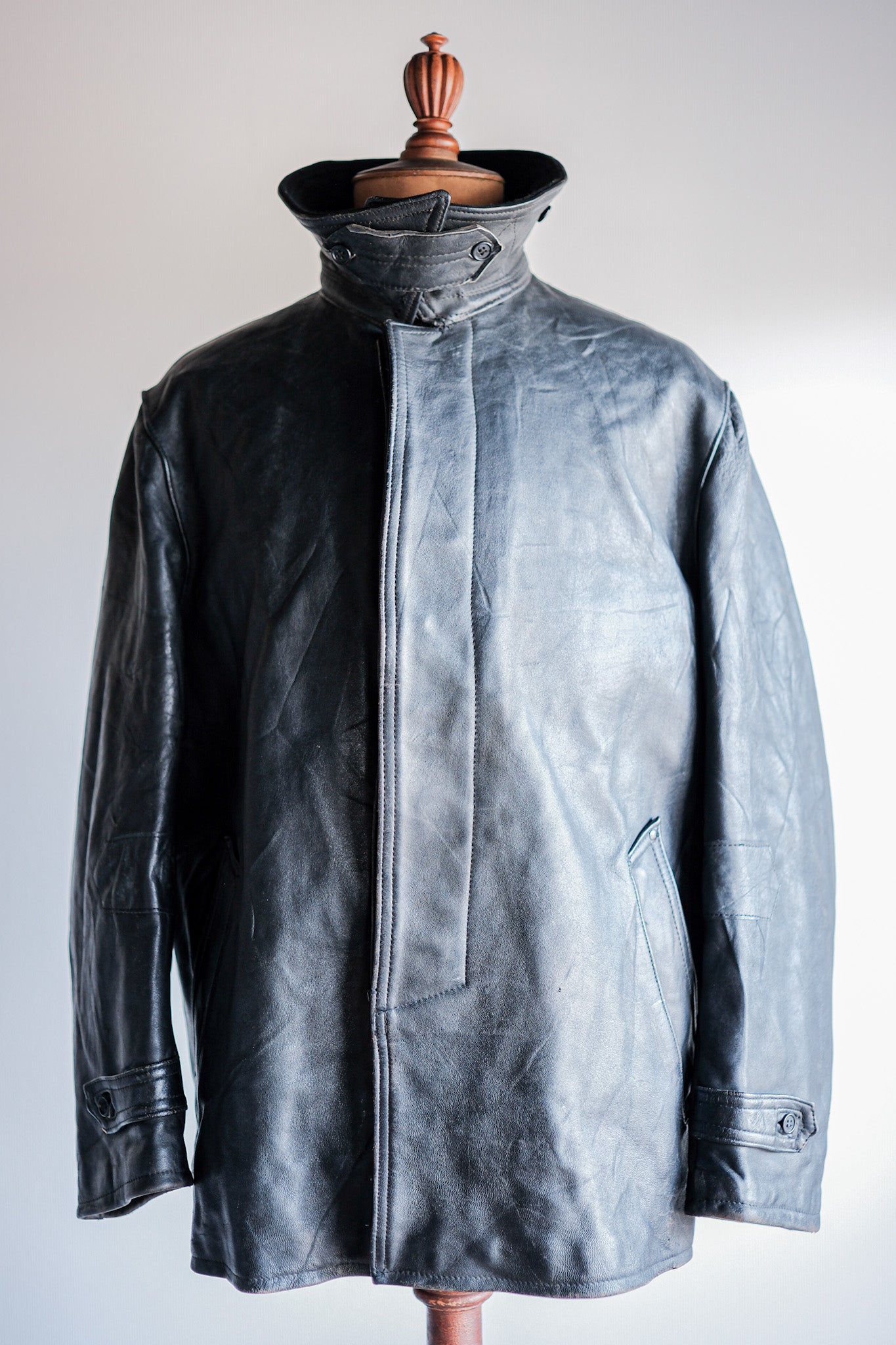 ［~60's］French Vintage Black Leather Work Jacket "Wool Collar"