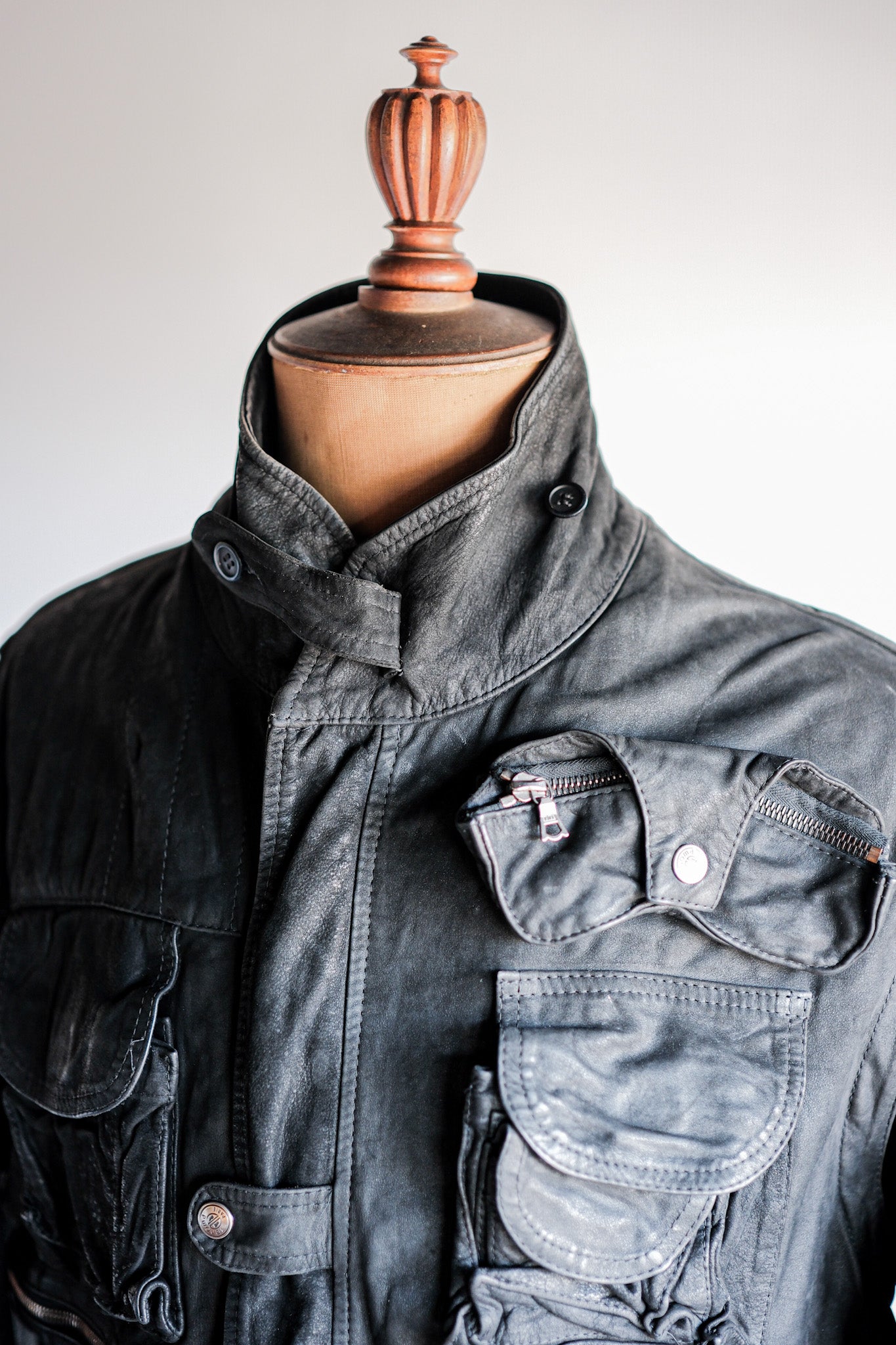 ［~90's］Old Renoma Paris Black Leather Detachable Sleeve Multi Pocket Jacket Size.M