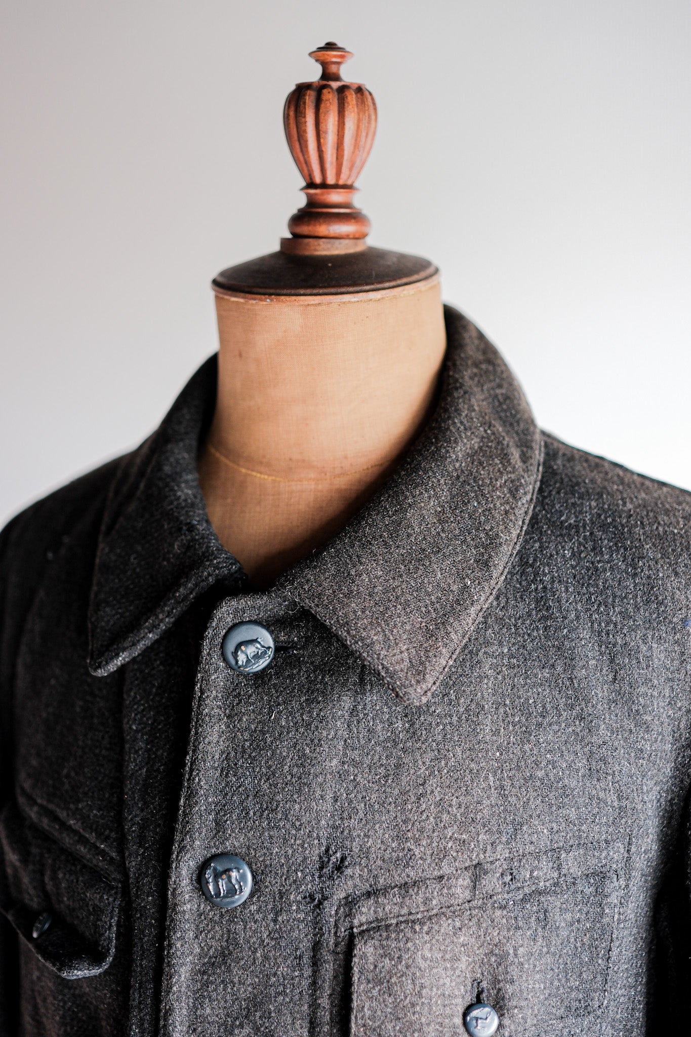 [~30's] French Vintage Grey Wool Hunting Jacket With Chin Strap "Boro"