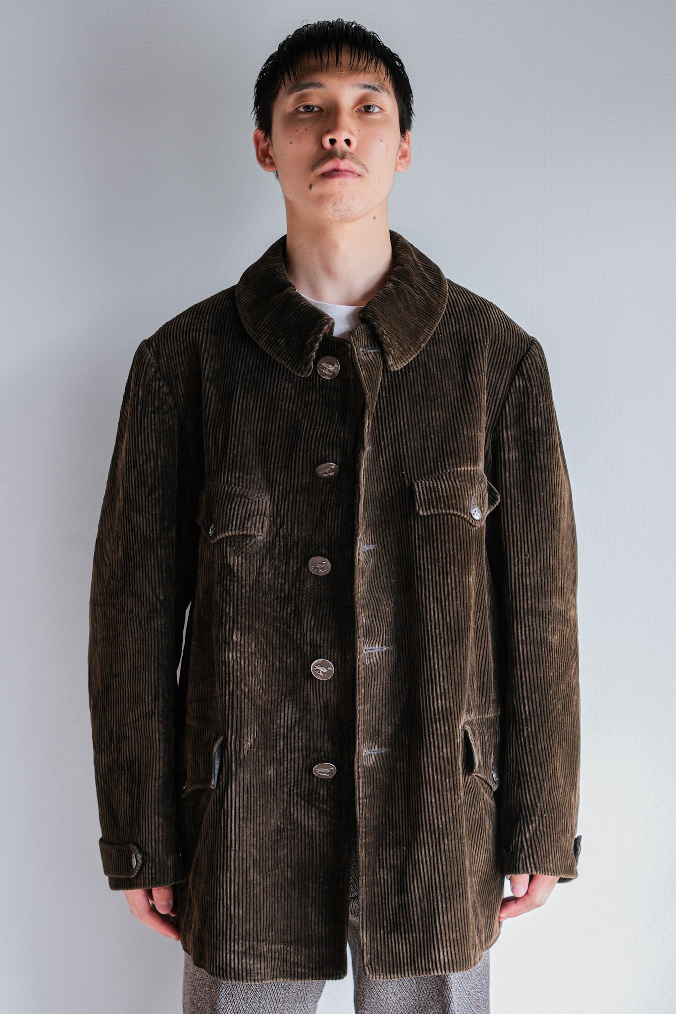 【~40's】French Vintage Brown Corduroy Hunting Jacket "Black Moleskin Lining"
