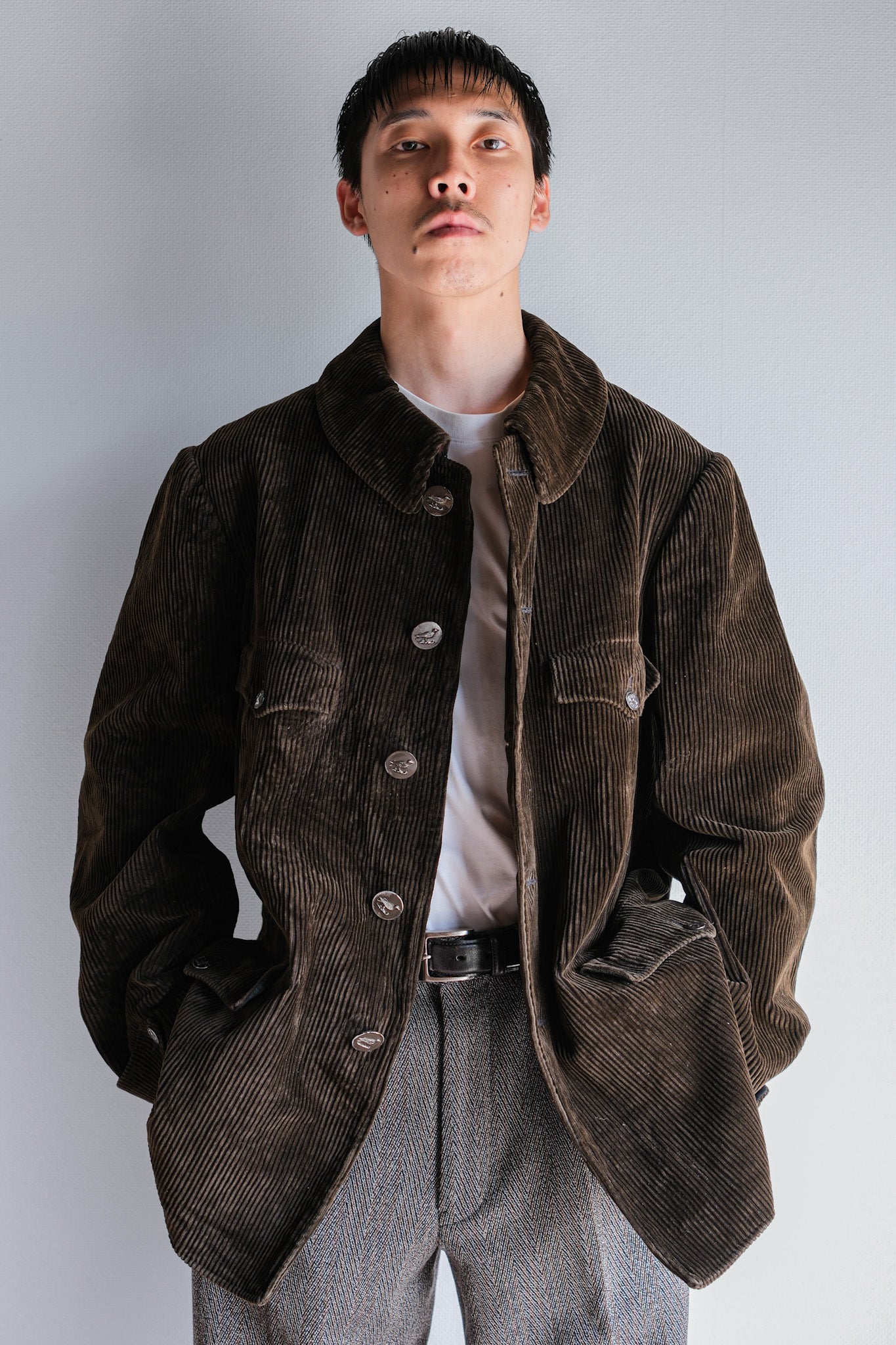 【~40's】French Vintage Brown Corduroy Hunting Jacket "Black Moleskin Lining"