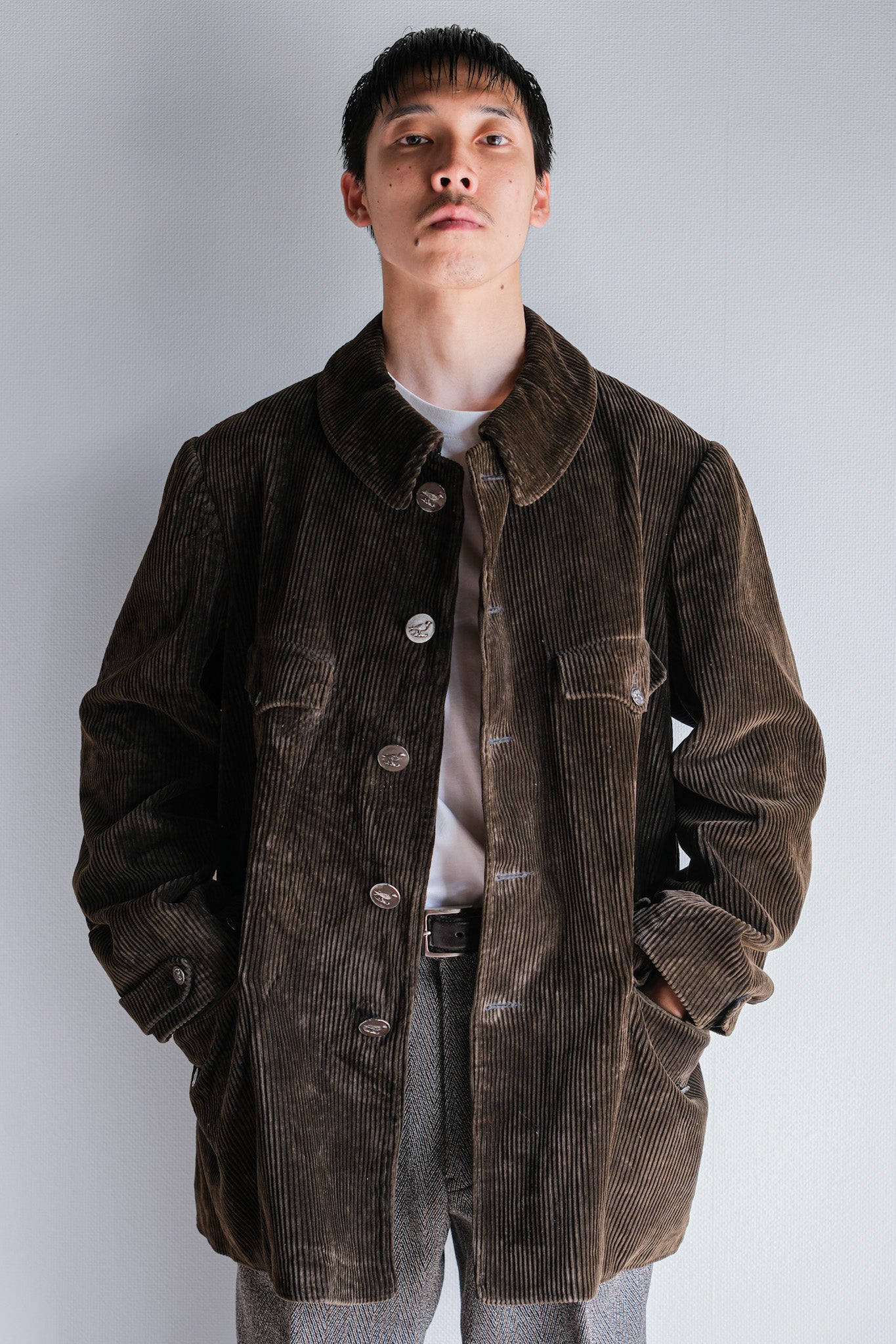 【~40's】French Vintage Brown Corduroy Hunting Jacket "Black Moleskin Lining"