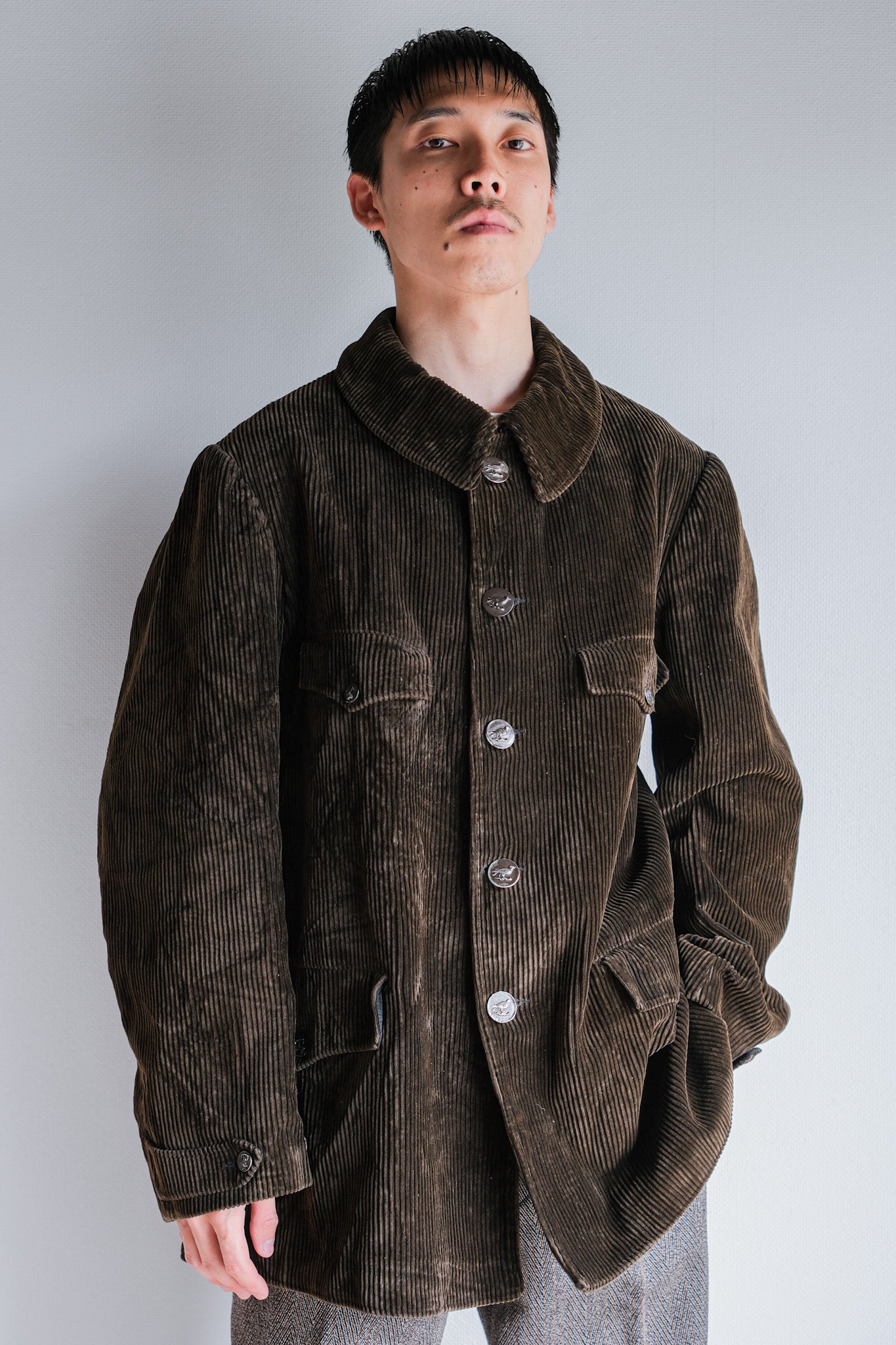【~40's】French Vintage Brown Corduroy Hunting Jacket "Black Moleskin Lining"