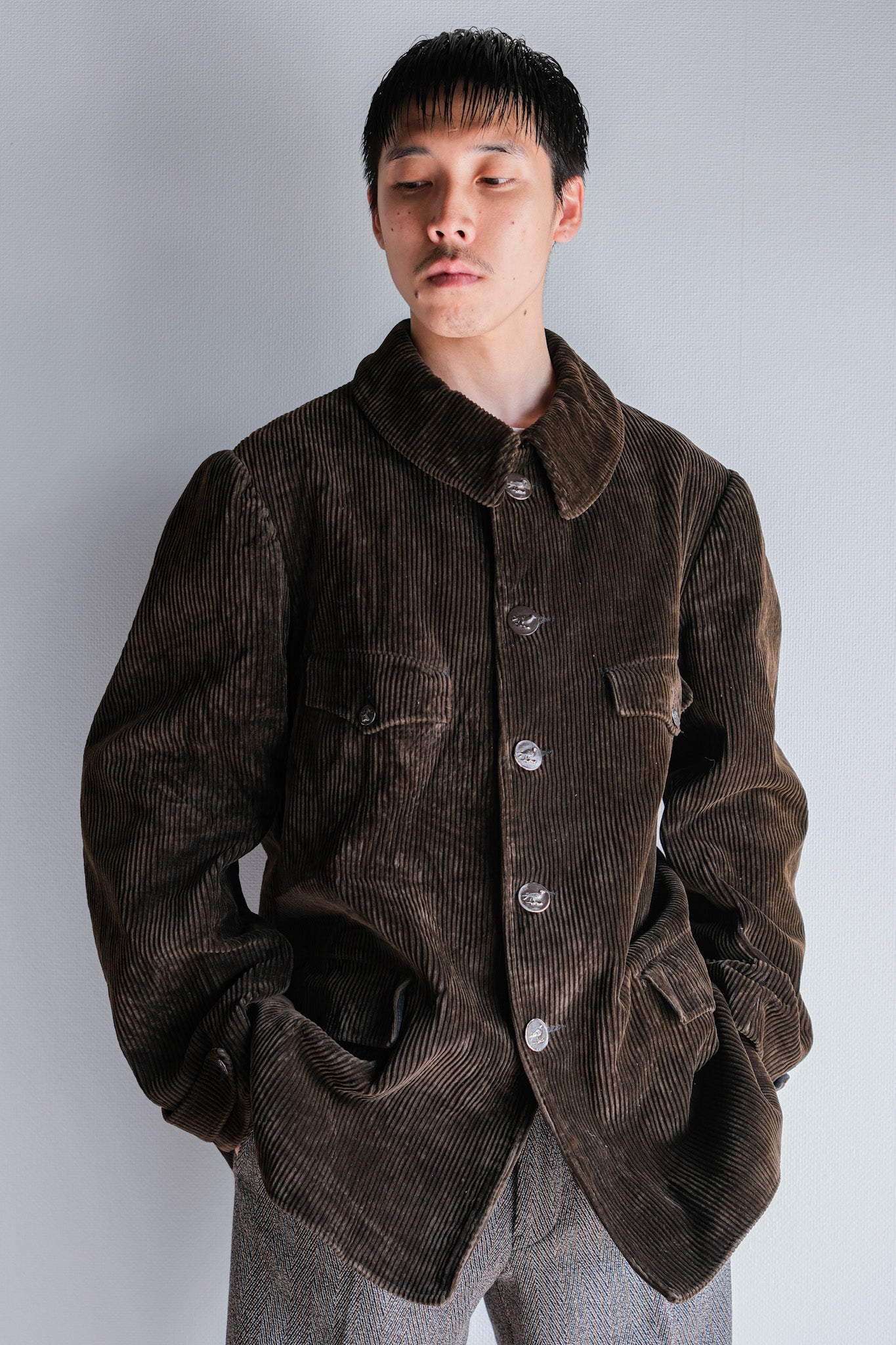 【~40's】French Vintage Brown Corduroy Hunting Jacket "Black Moleskin Lining"