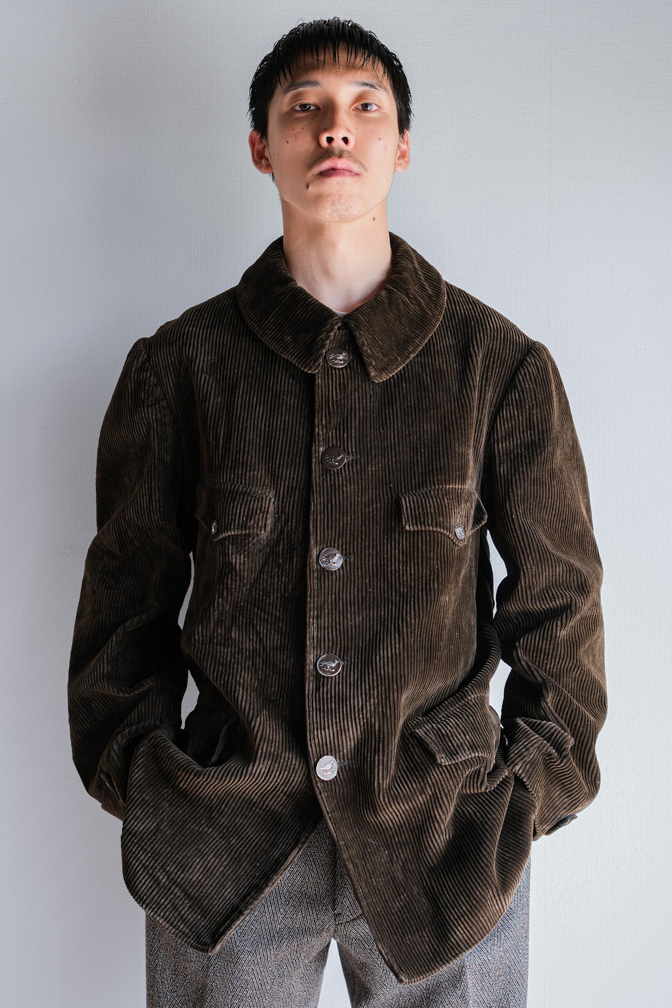 【~40's】French Vintage Brown Corduroy Hunting Jacket "Black Moleskin Lining"