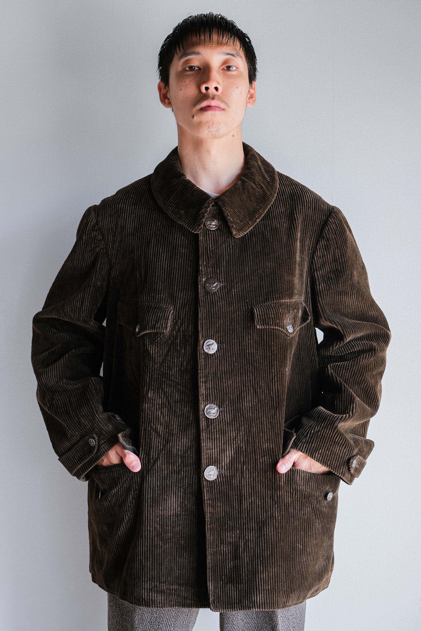 【~40's】French Vintage Brown Corduroy Hunting Jacket "Black Moleskin Lining"