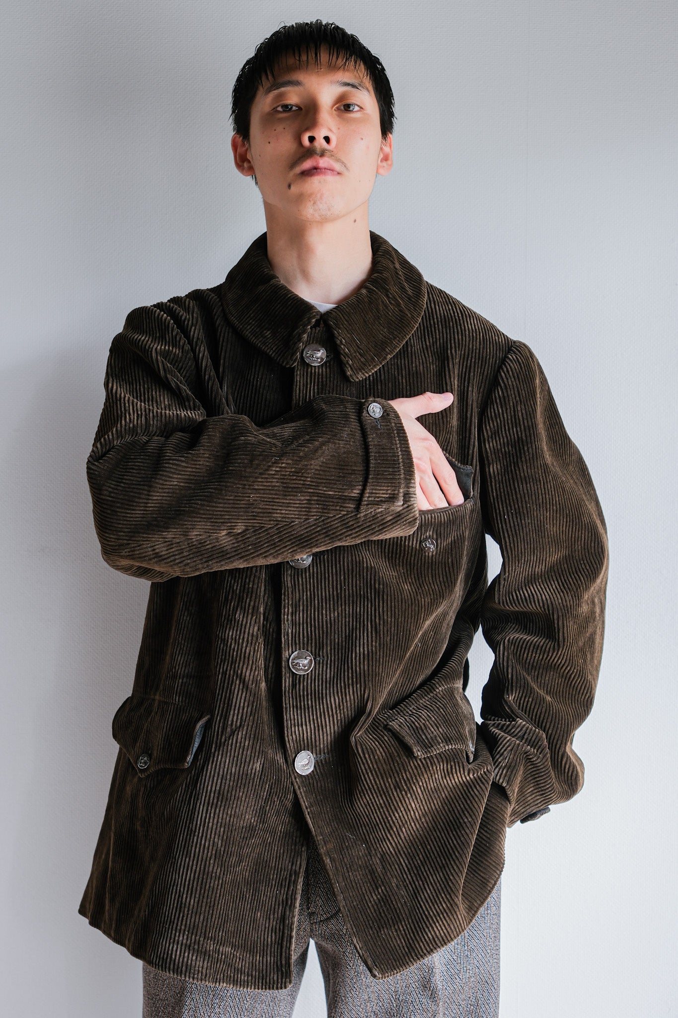 【~40's】French Vintage Brown Corduroy Hunting Jacket "Black Moleskin Lining"