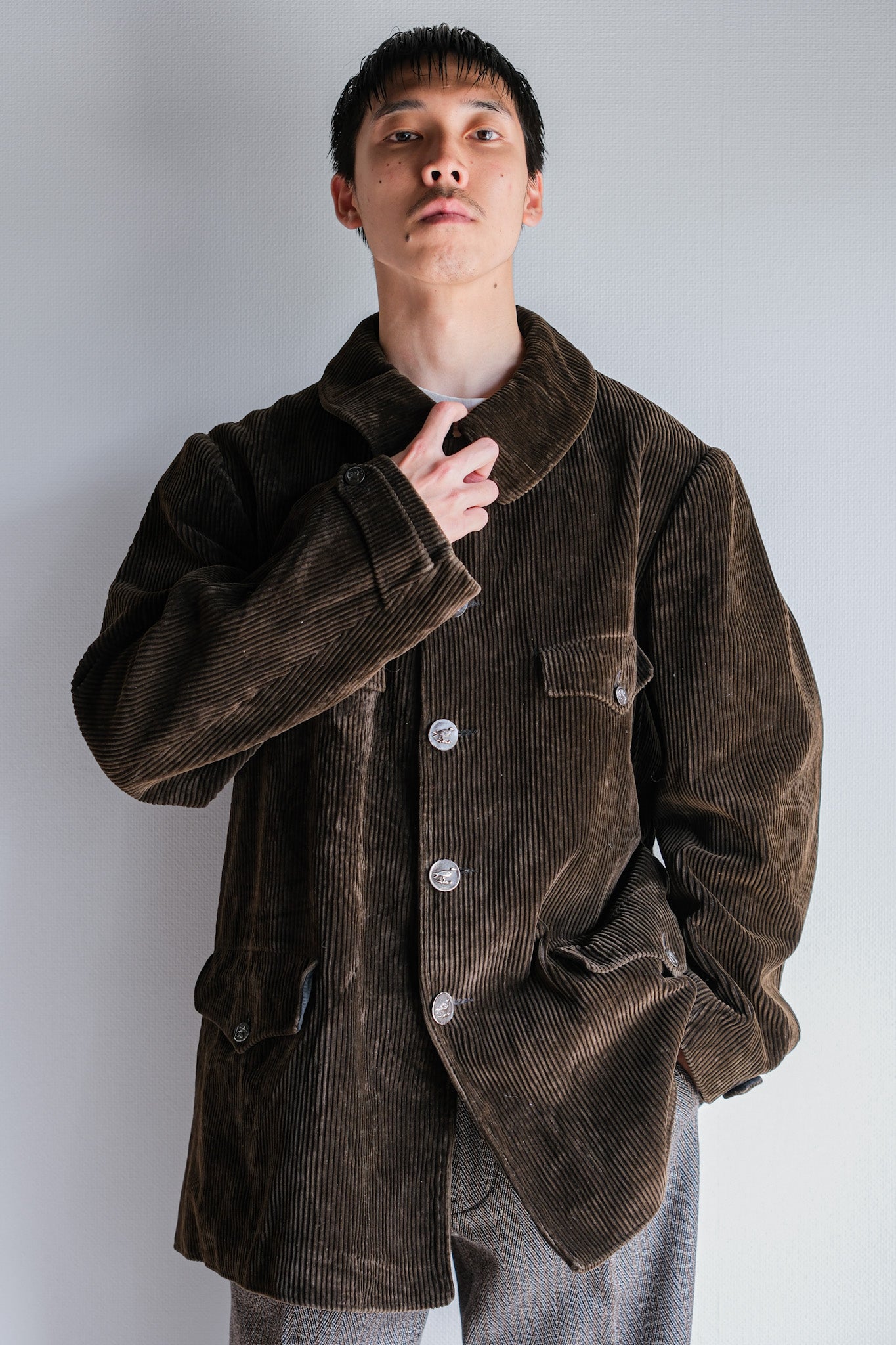 【~40's】French Vintage Brown Corduroy Hunting Jacket "Black Moleskin Lining"
