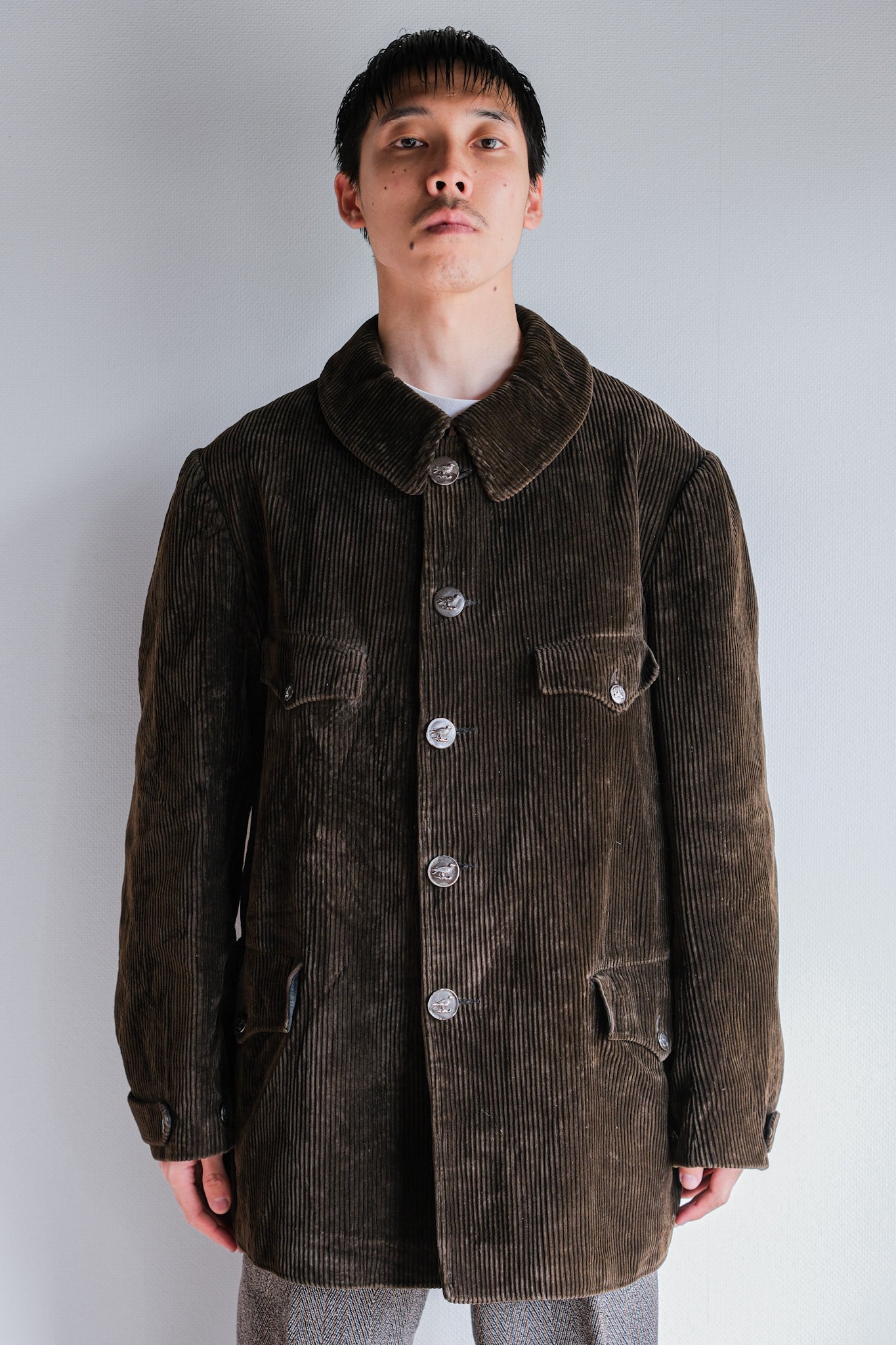 【~40's】French Vintage Brown Corduroy Hunting Jacket "Black Moleskin Lining"