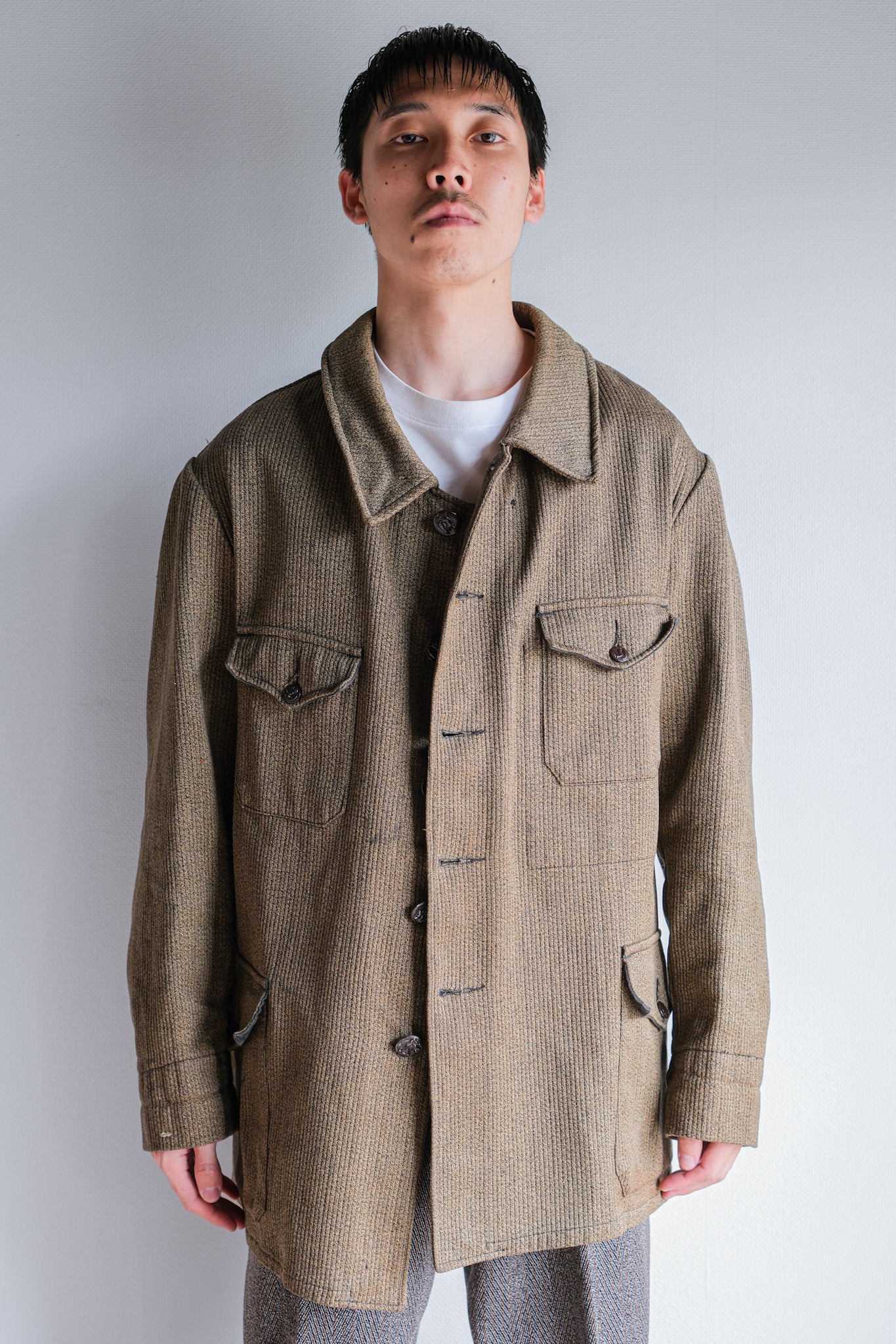 ［~60's］French Vintage Brown Salt & Pepper Cotton Pique Hunting Jacket With Chin Strap