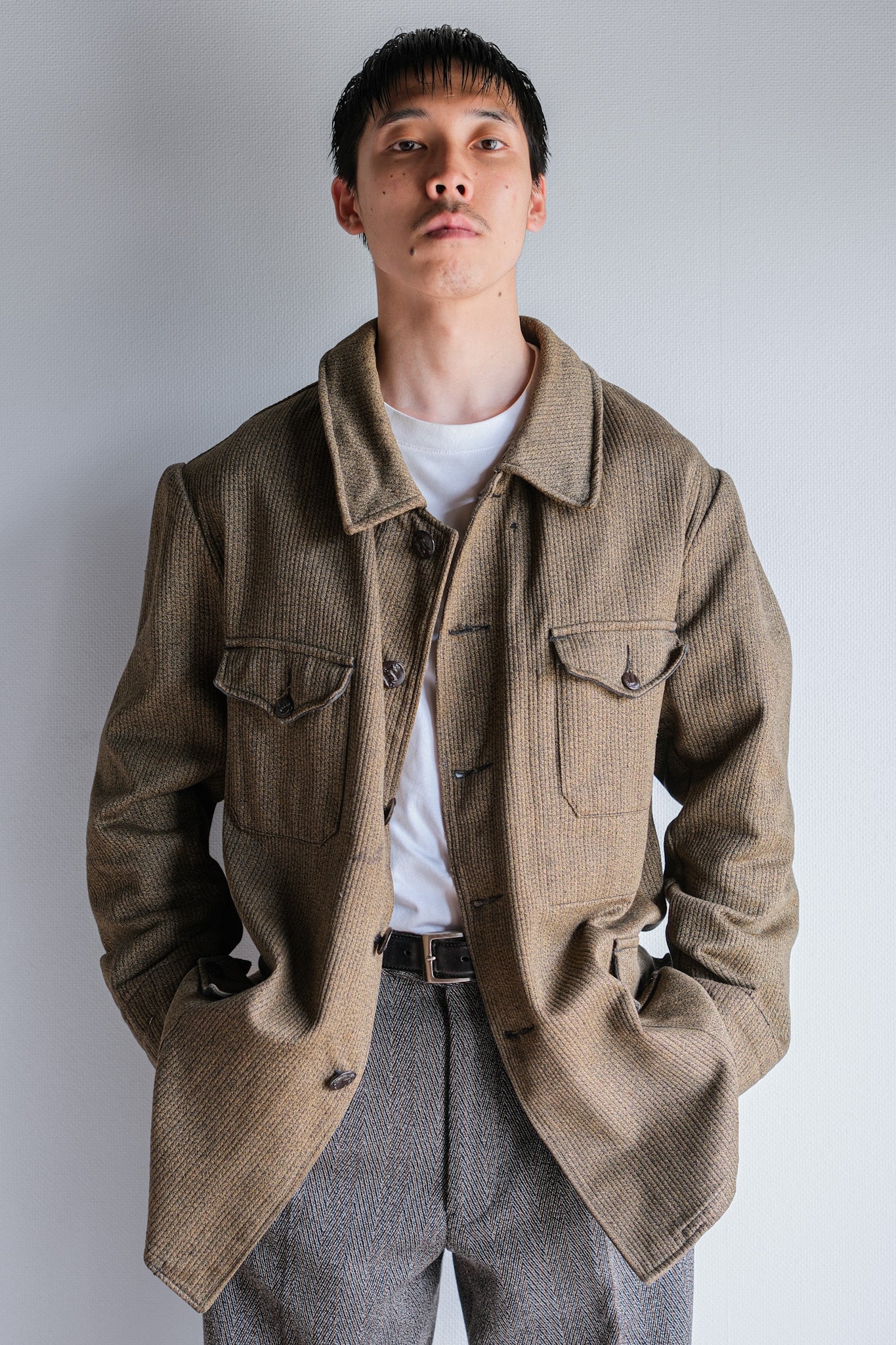 ［~60's］French Vintage Brown Salt & Pepper Cotton Pique Hunting Jacket With Chin Strap