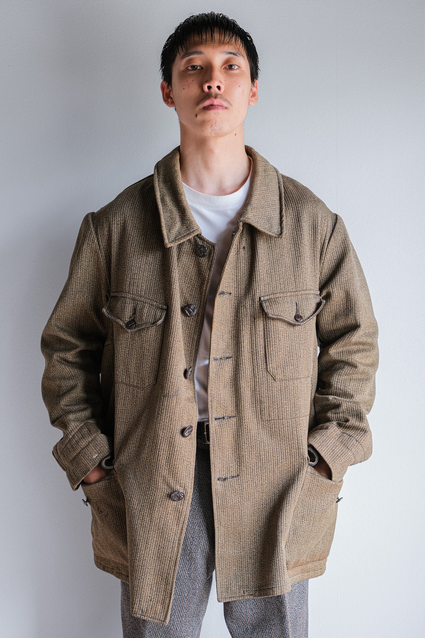 【~60's】French Vintage Brown Salt & Pepper Cotton Pique Hunting Jacket With Chin Strap