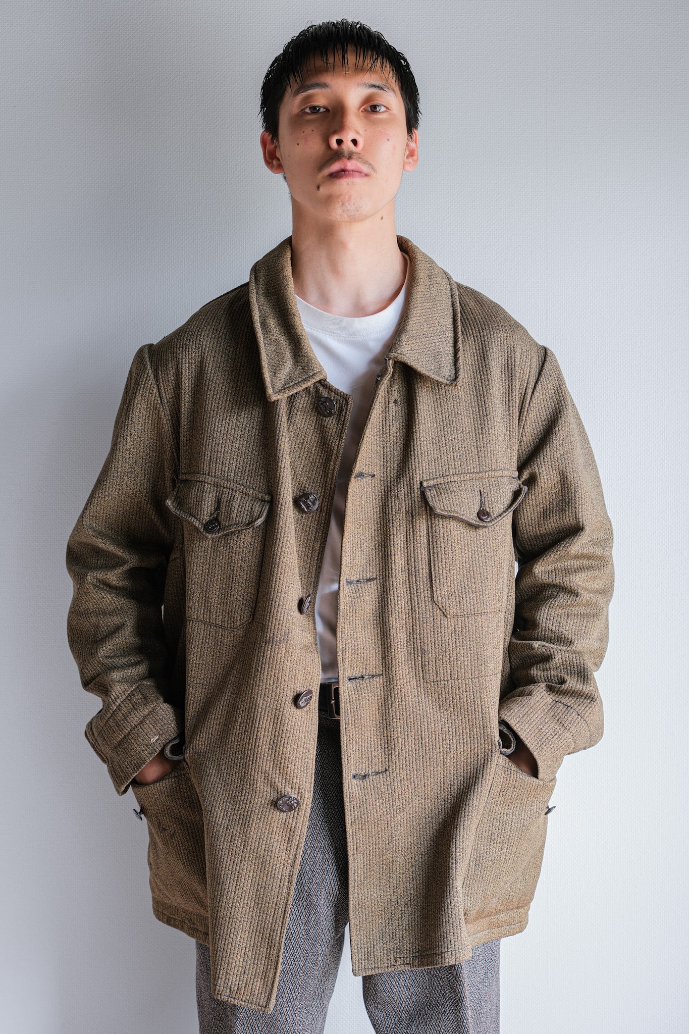 ［~60's］French Vintage Brown Salt & Pepper Cotton Pique Hunting Jacket With Chin Strap