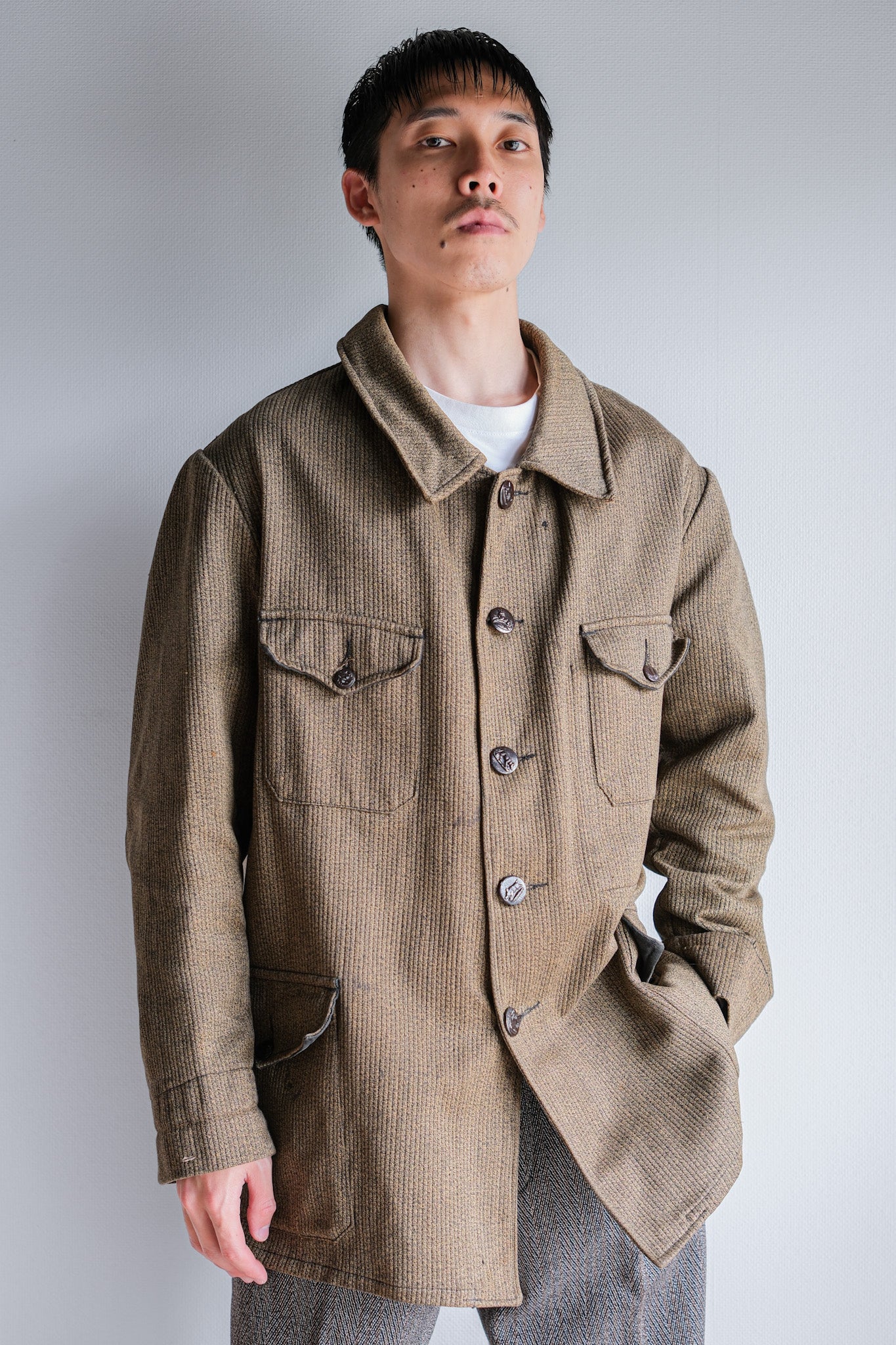 【~60's】French Vintage Brown Salt & Pepper Cotton Pique Hunting Jacket With Chin Strap