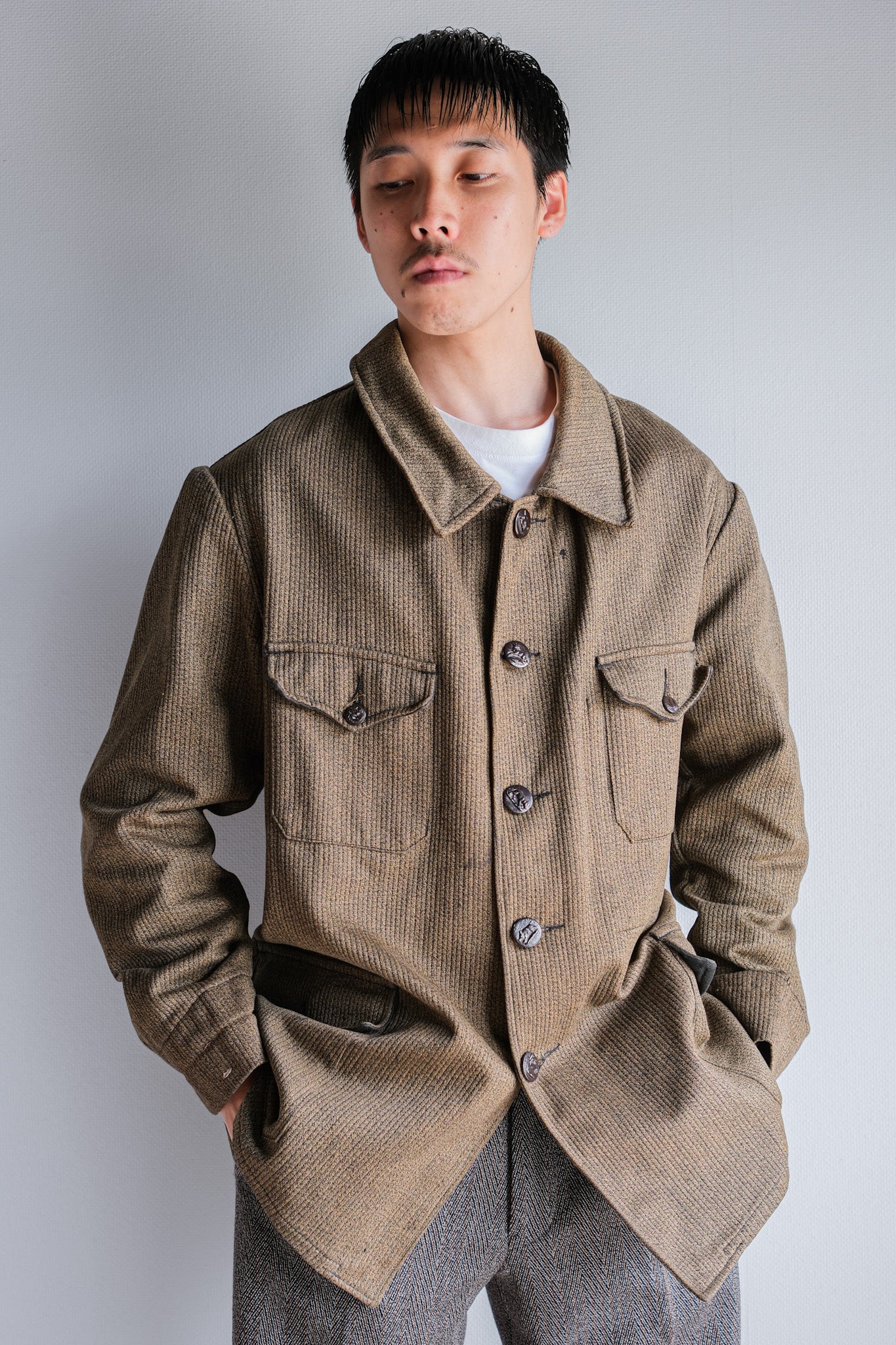 【~60's】French Vintage Brown Salt & Pepper Cotton Pique Hunting Jacket With Chin Strap