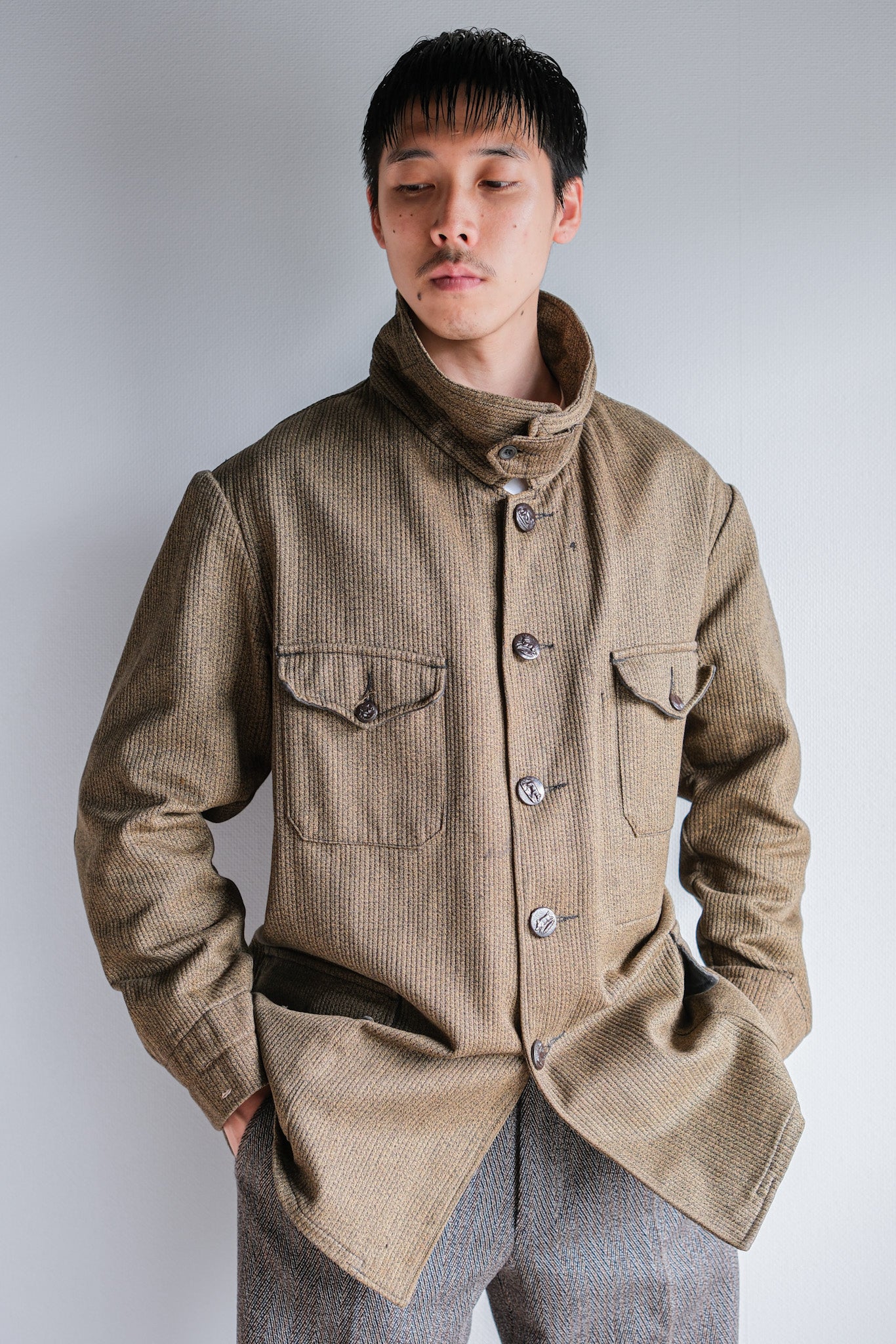 [~ 60's] French Vintage Brown Salt & Pepper Cotton Pique Hunting Jacket with China Strap