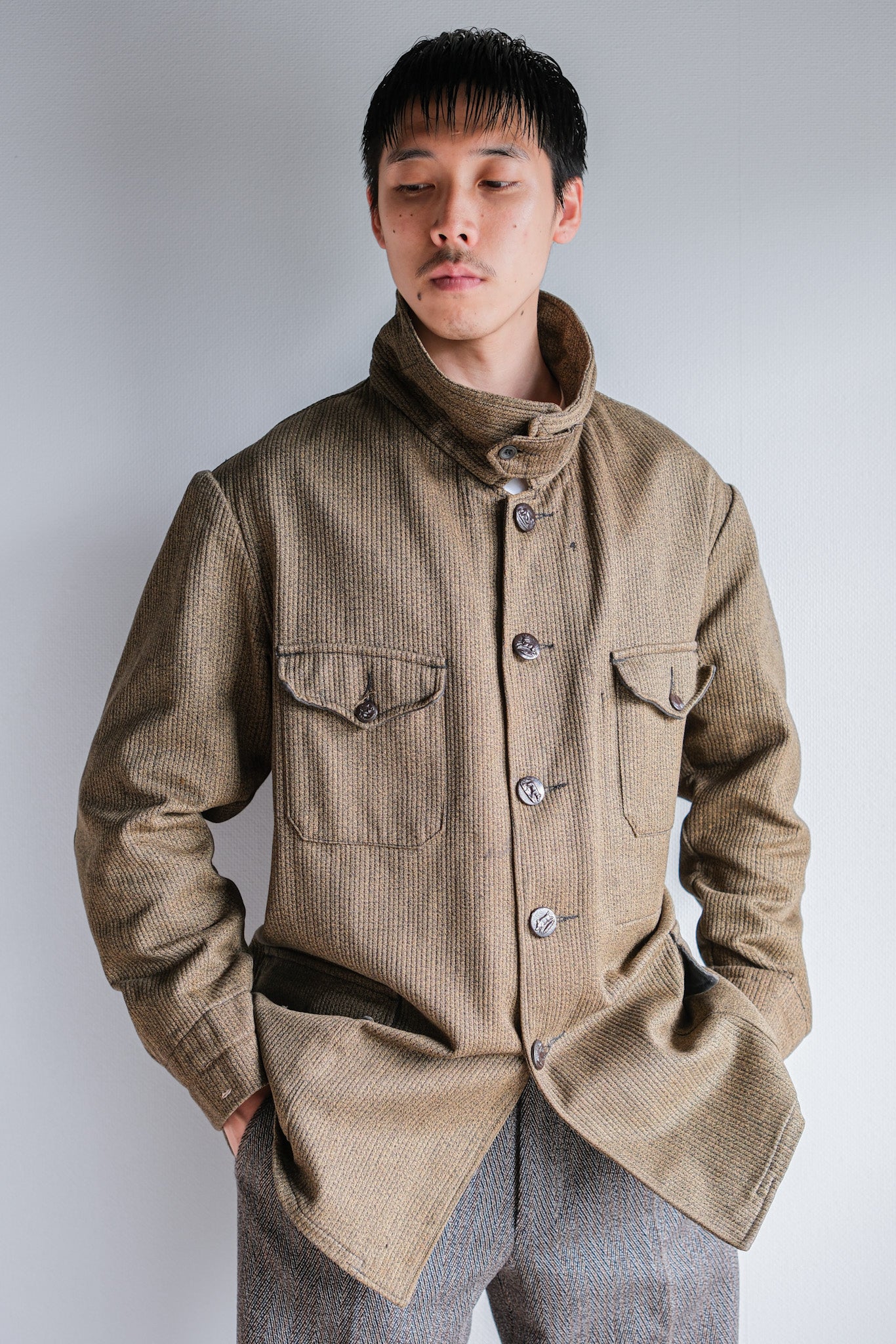 ［~60's］French Vintage Brown Salt & Pepper Cotton Pique Hunting Jacket With Chin Strap