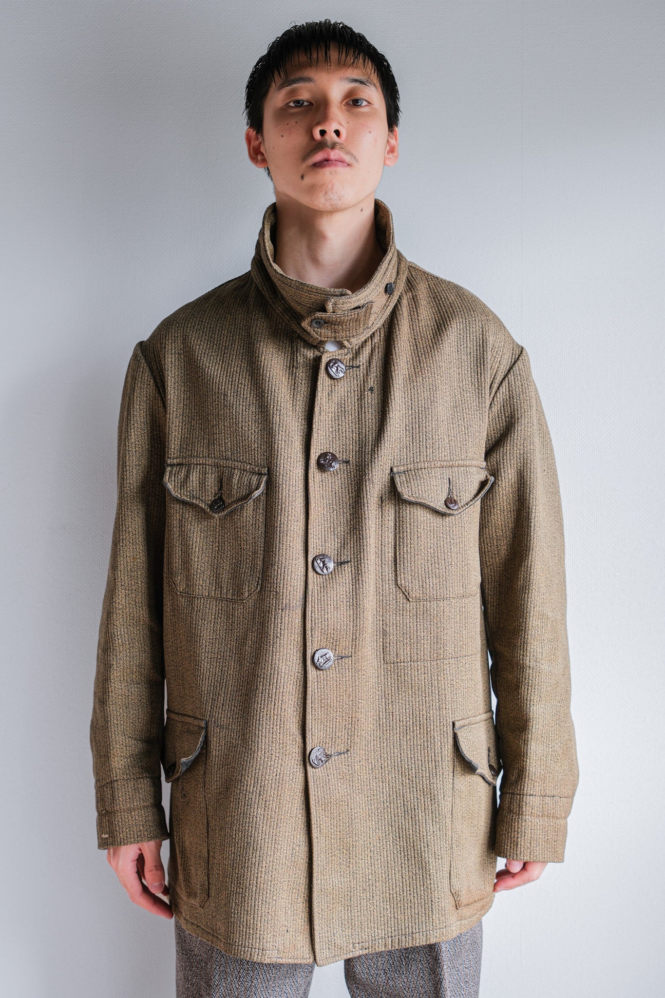 ［~60's］French Vintage Brown Salt & Pepper Cotton Pique Hunting Jacket With Chin Strap