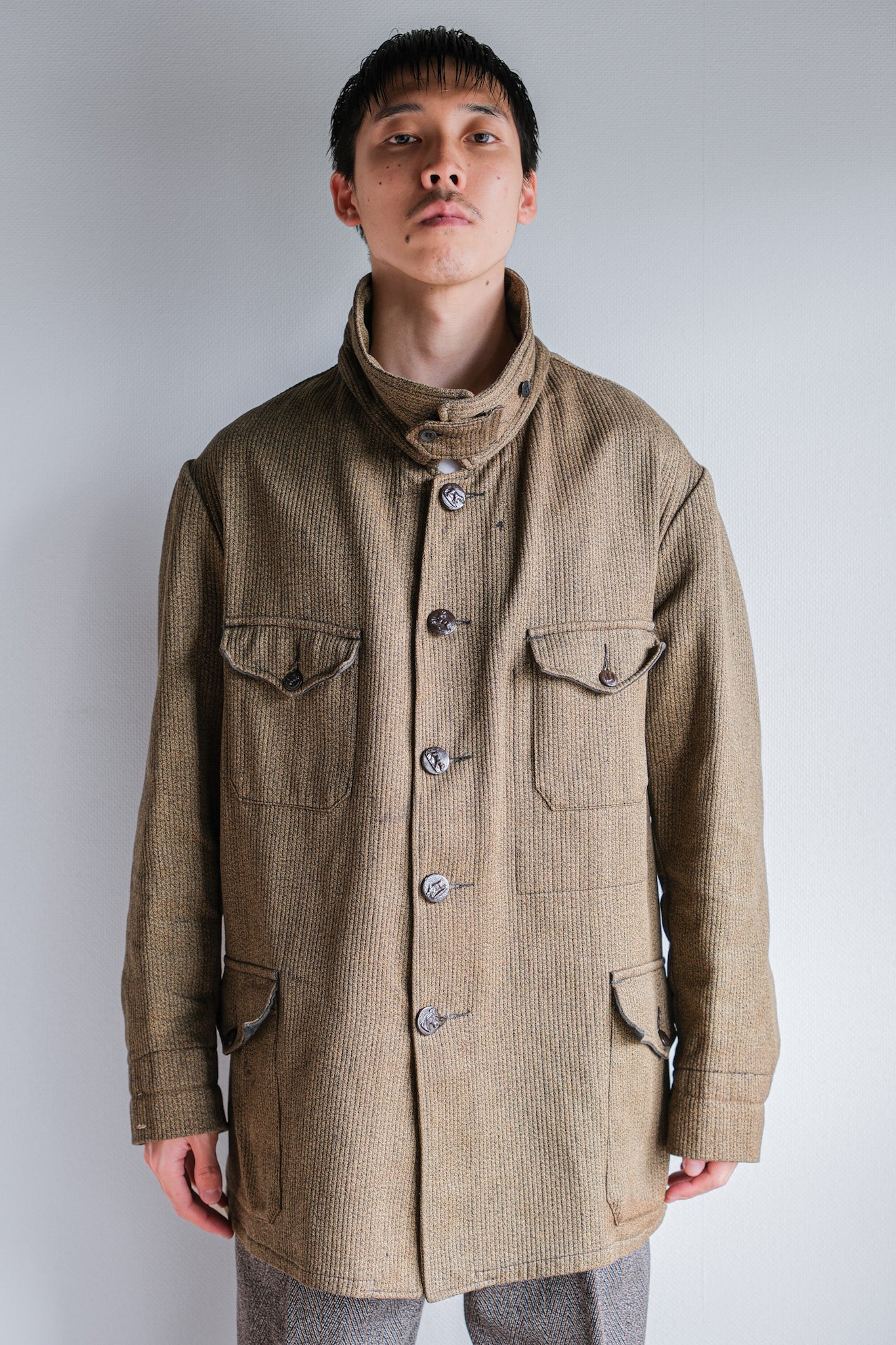 【~60's】French Vintage Brown Salt & Pepper Cotton Pique Hunting Jacket With Chin Strap