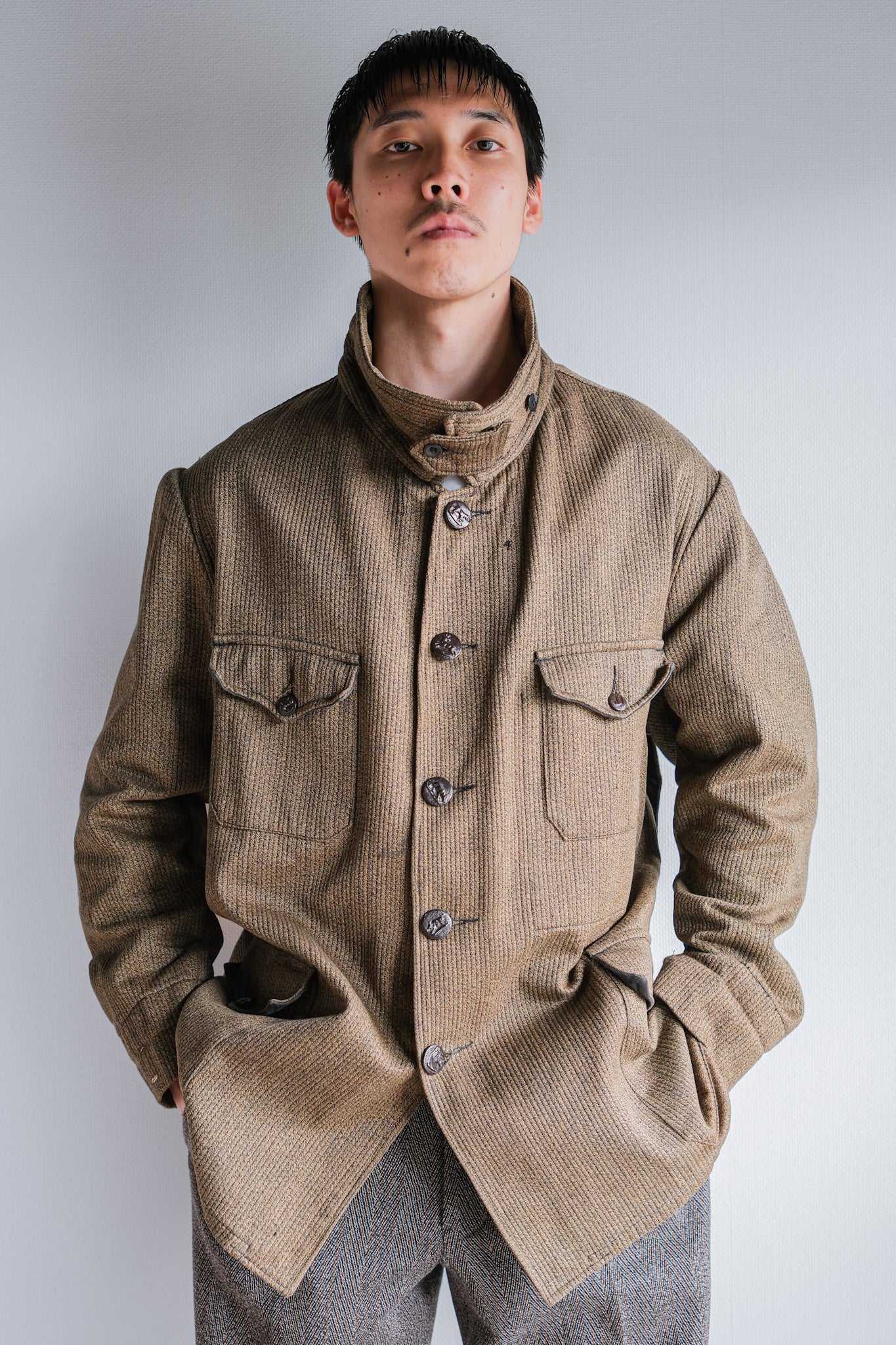 ［~60's］French Vintage Brown Salt & Pepper Cotton Pique Hunting Jacket With Chin Strap