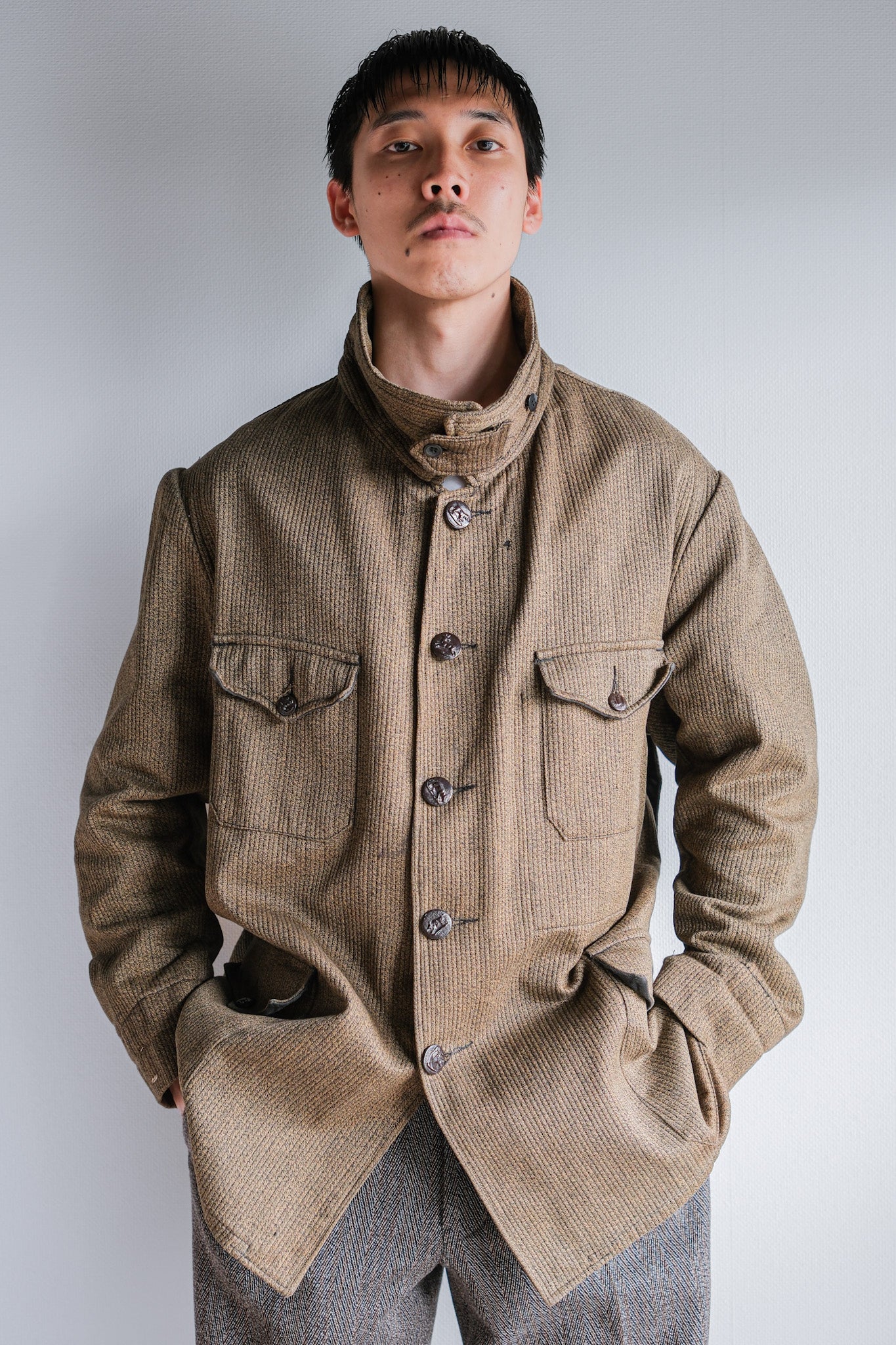 [~ 60's] French Vintage Brown Salt & Pepper Cotton Pique Hunting Jacket with China Strap