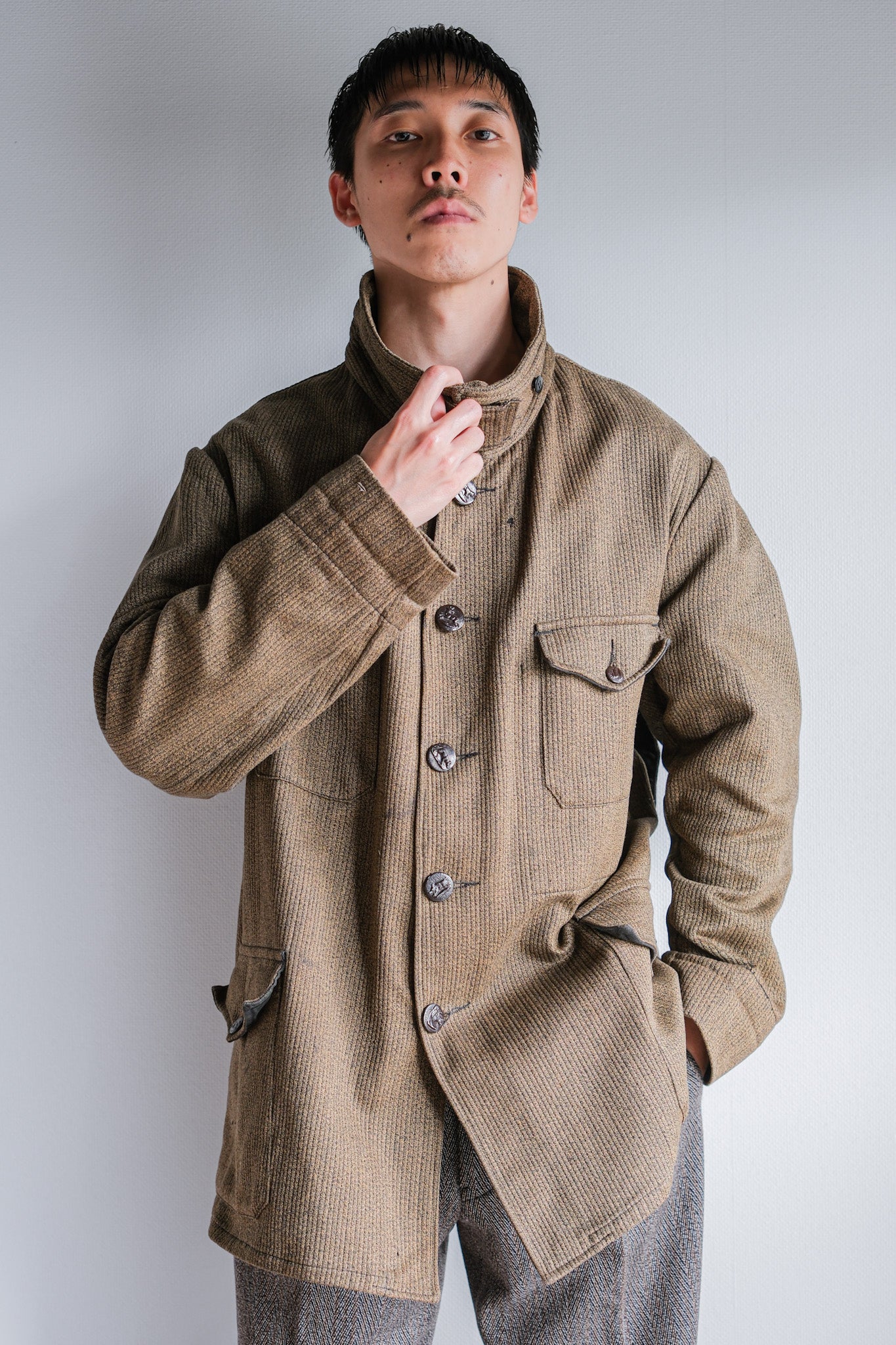 [~ 60's] French Vintage Brown Salt & Pepper Cotton Pique Hunting Jacket with China Strap