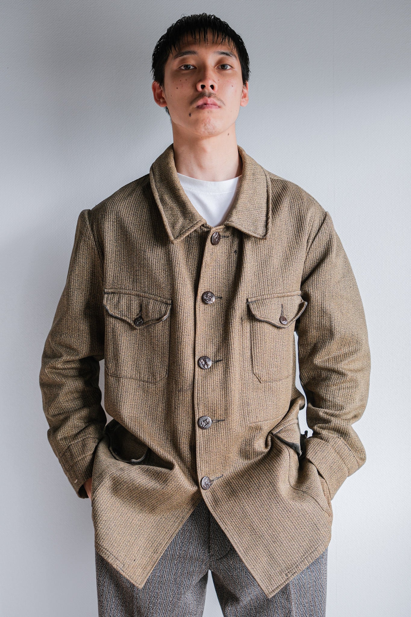 ［~60's］French Vintage Brown Salt & Pepper Cotton Pique Hunting Jacket With Chin Strap