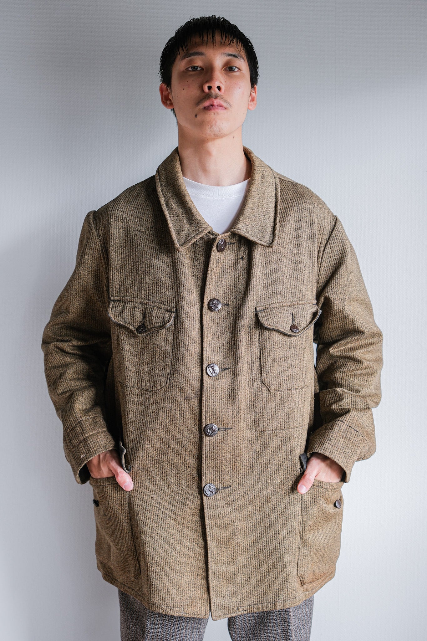 【~60's】French Vintage Brown Salt & Pepper Cotton Pique Hunting Jacket With Chin Strap