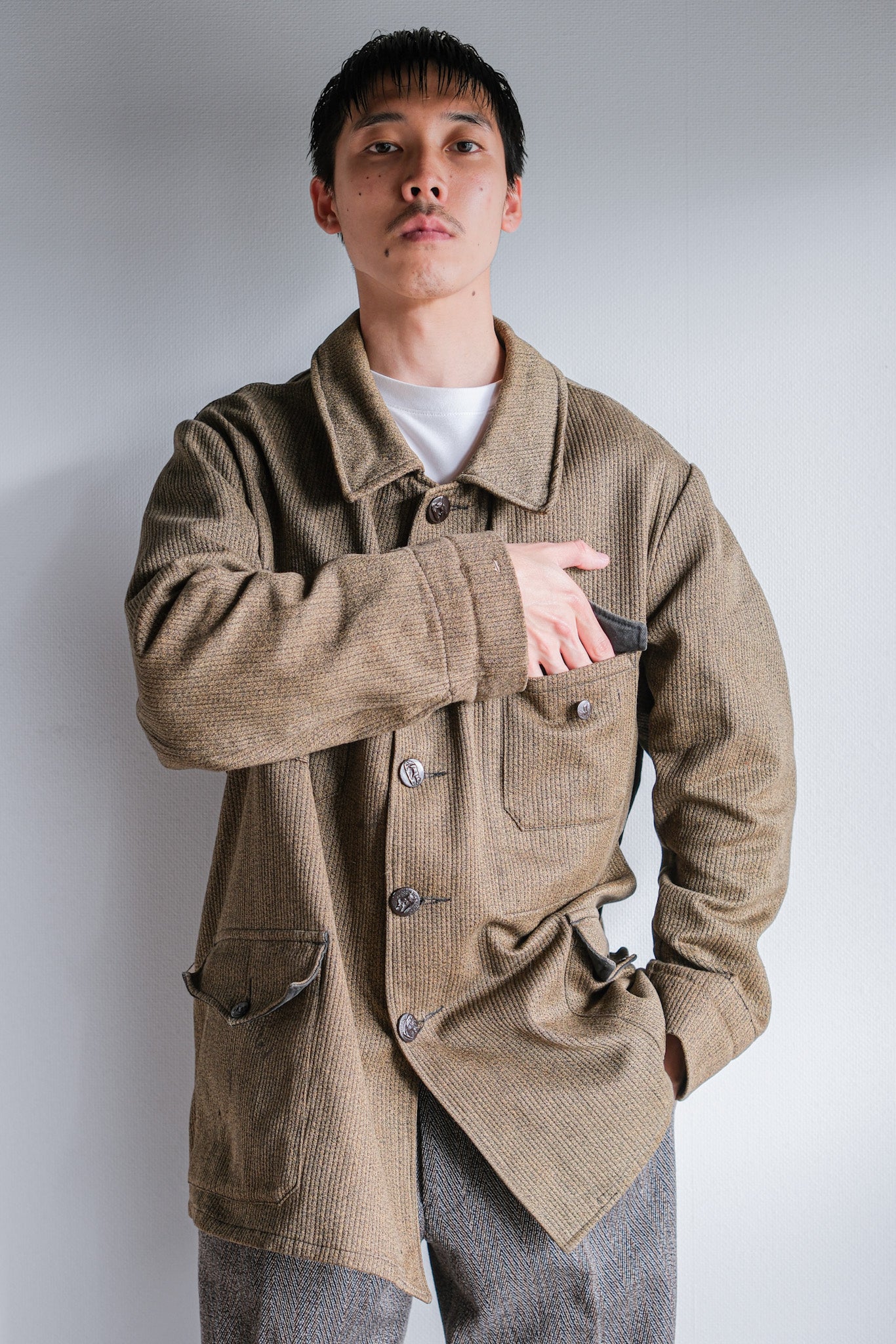 [~ 60's] French Vintage Brown Salt & Pepper Cotton Pique Hunting Jacket with China Strap