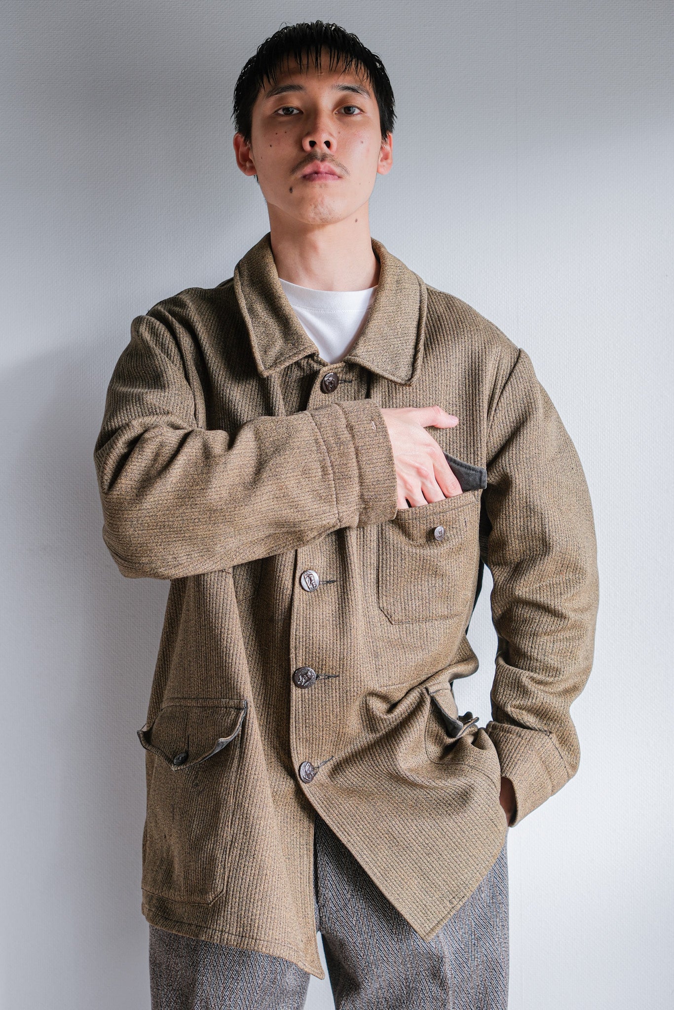 ［~60's］French Vintage Brown Salt & Pepper Cotton Pique Hunting Jacket With Chin Strap
