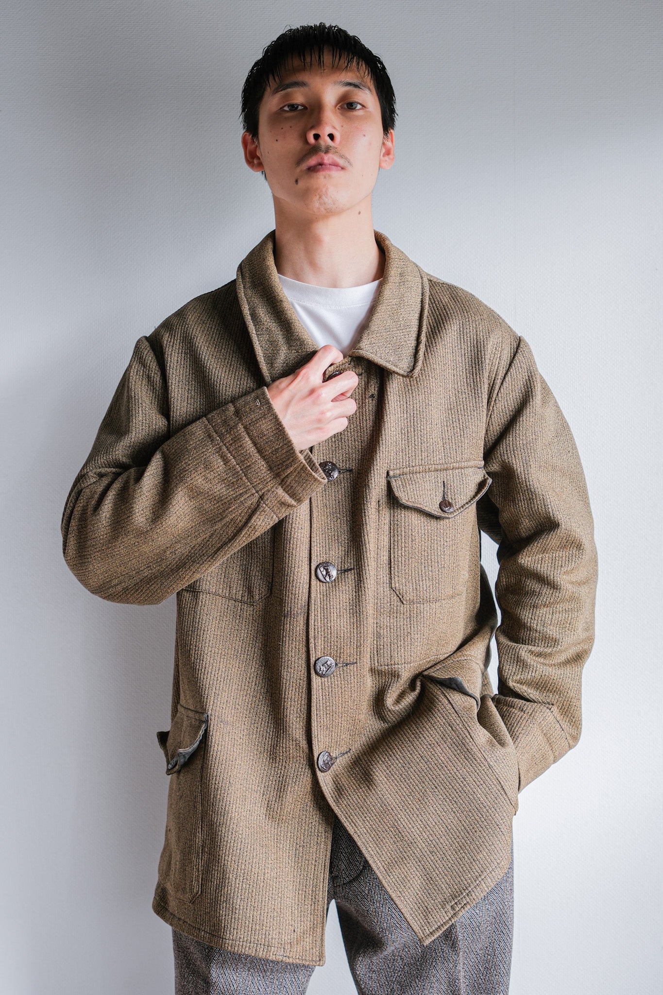 ［~60's］French Vintage Brown Salt & Pepper Cotton Pique Hunting Jacket With Chin Strap