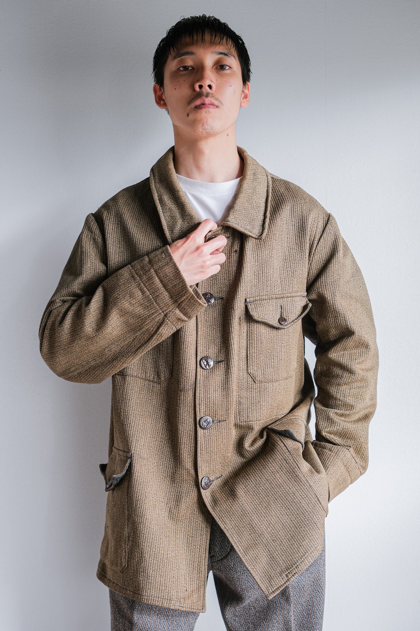 【~60's】French Vintage Brown Salt & Pepper Cotton Pique Hunting Jacket With Chin Strap