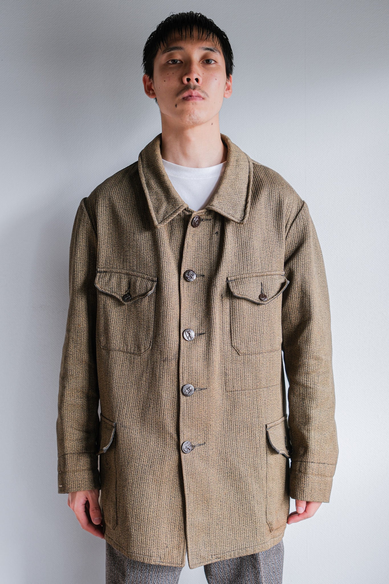 【~60's】French Vintage Brown Salt & Pepper Cotton Pique Hunting Jacket With Chin Strap