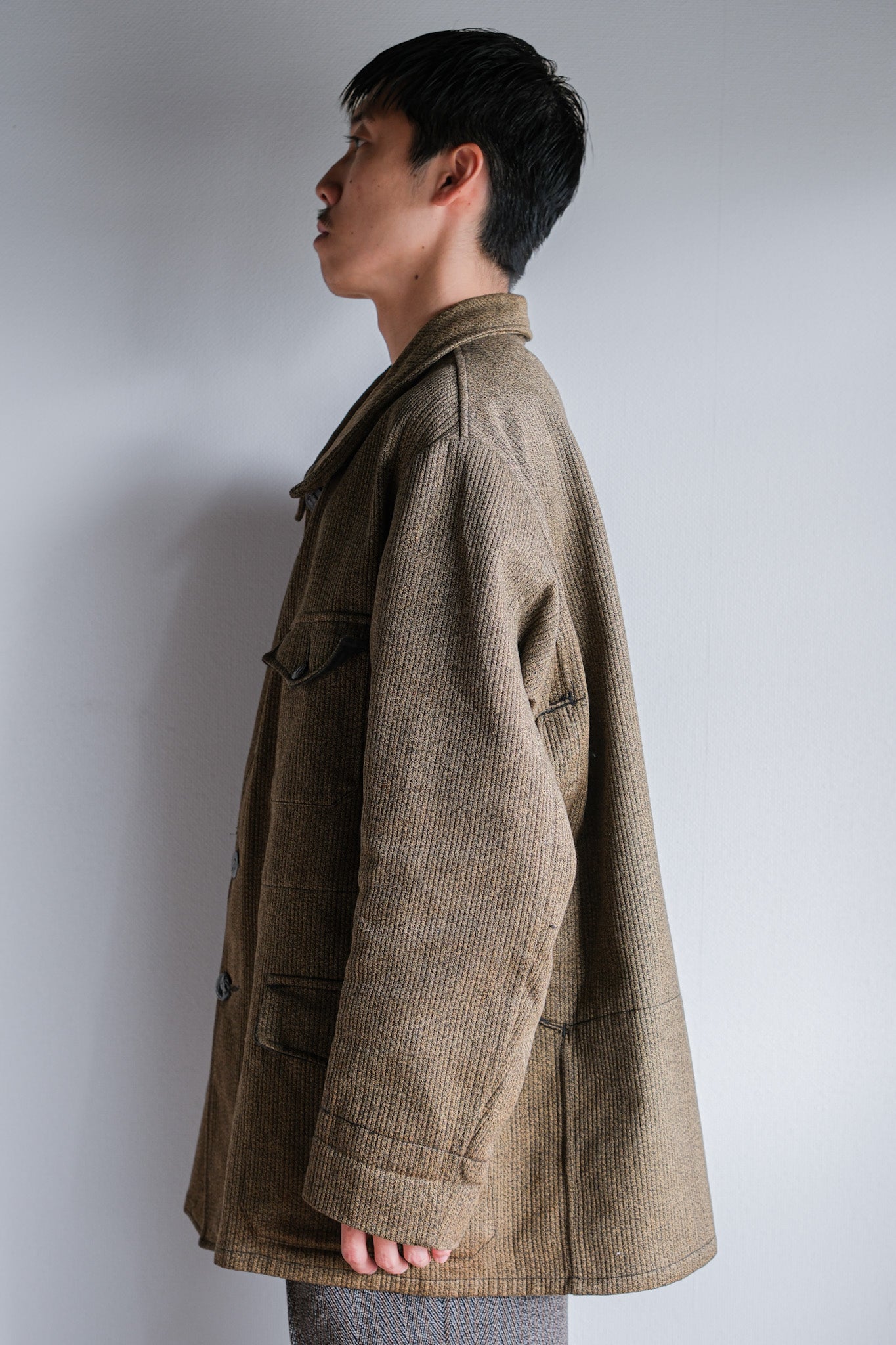 ［~60's］French Vintage Brown Salt & Pepper Cotton Pique Hunting Jacket With Chin Strap